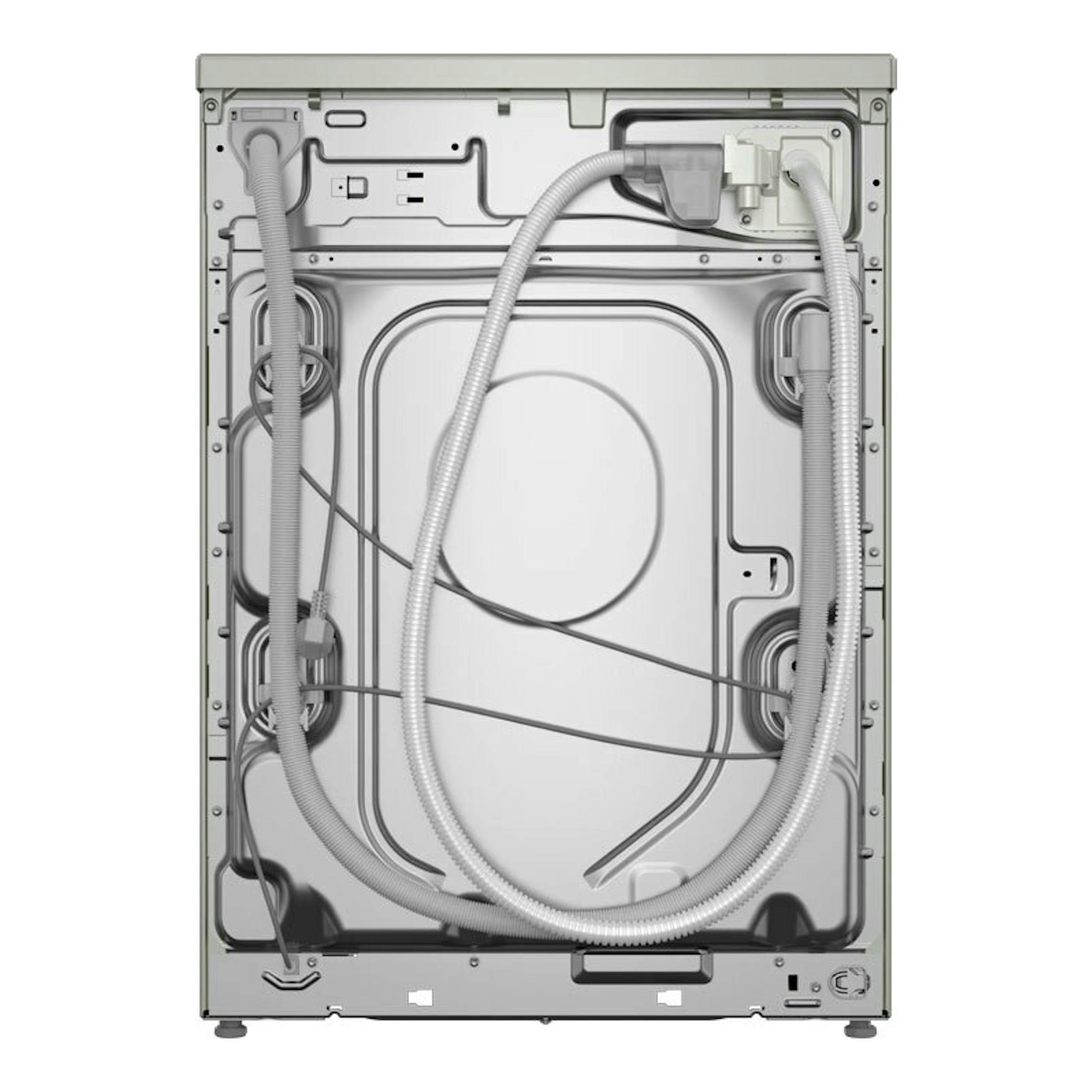 Lavadora Siemens WG56H2AXES blanca, vista trasera, con mangueras visibles y panel posterior metálico.