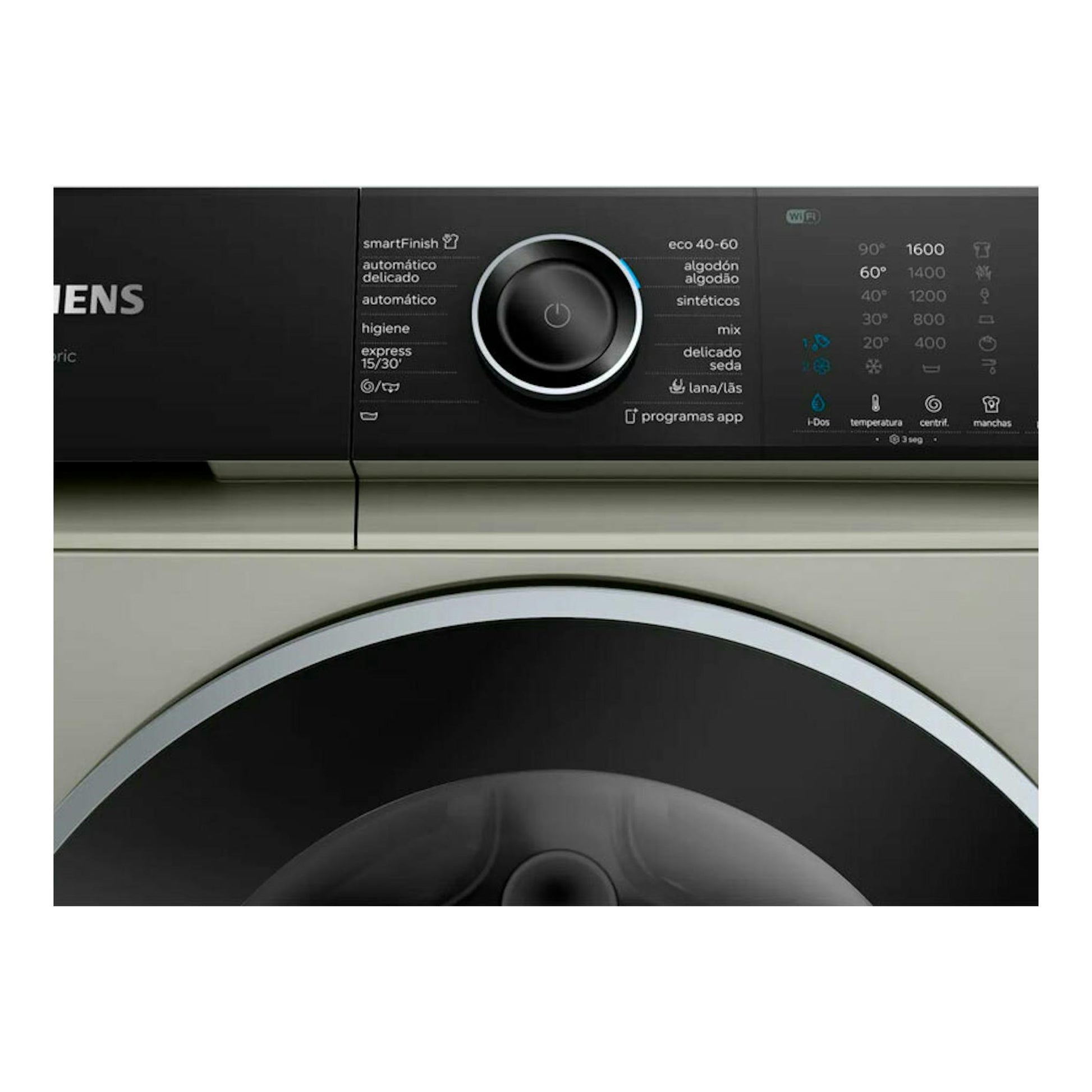 Lavadora Siemens WG56H2AXES negra, vista frontal parcial del panel de control y la puerta.