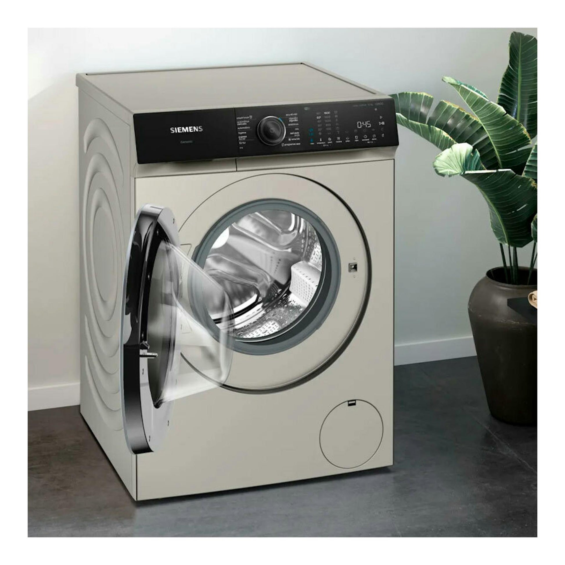 Lavadora frontal Siemens WG56H2AXES, color beige, con la puerta abierta en vista frontal.