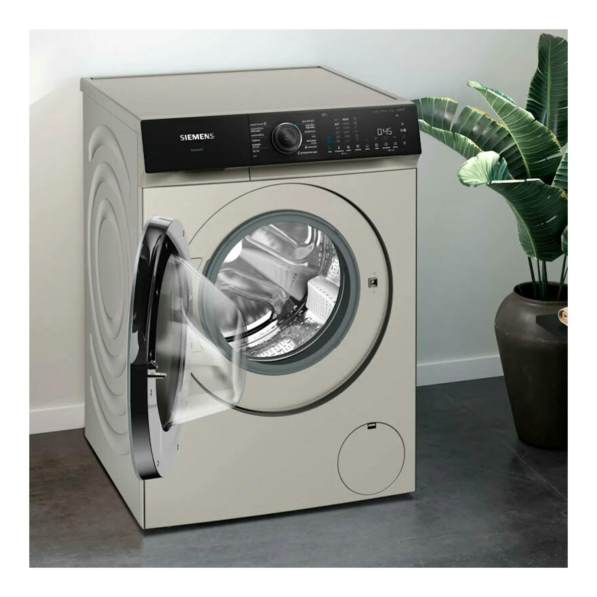 Lavadora frontal Siemens WG56H2AXES, color beige, con la puerta abierta en vista frontal.