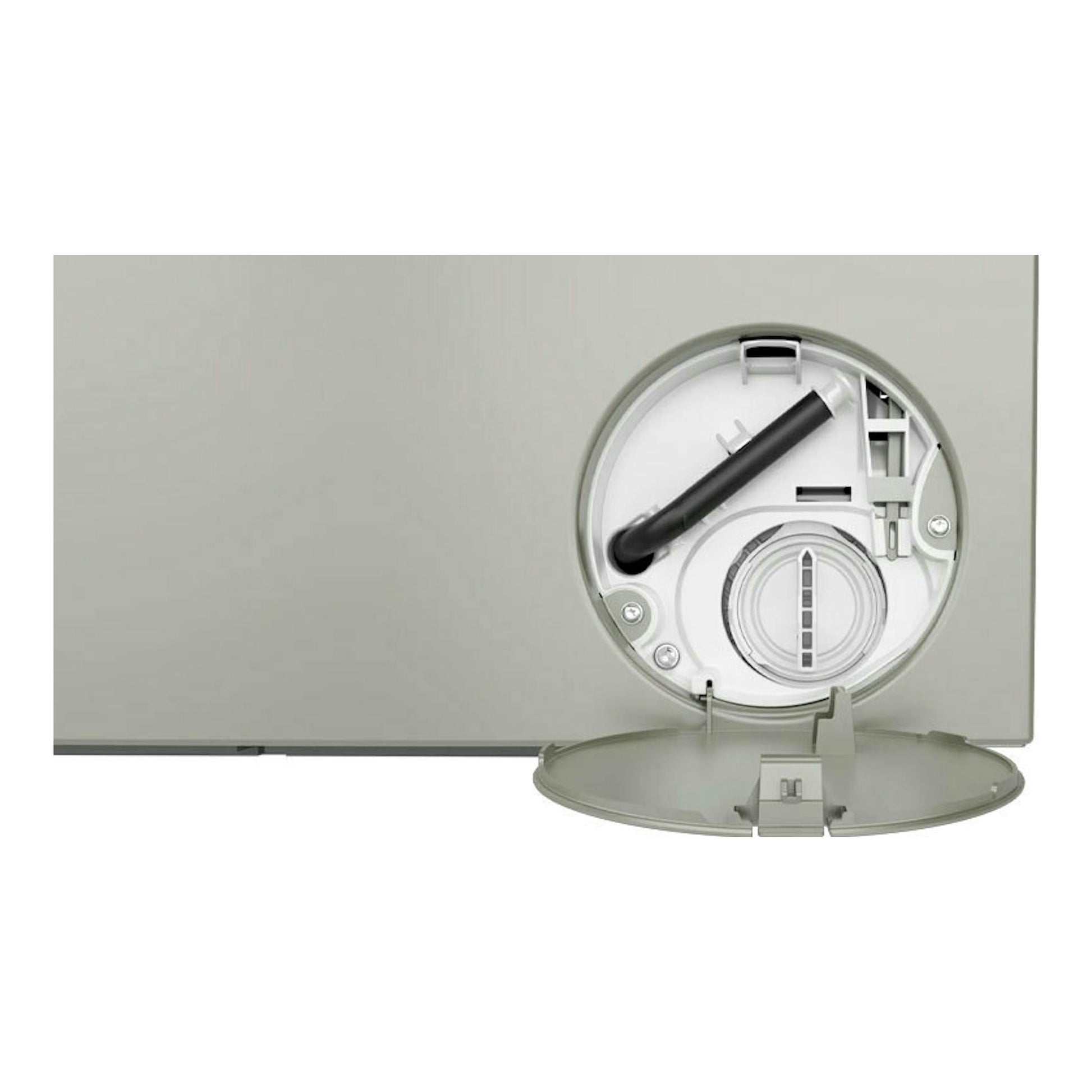 Lavadora Siemens WG56H2AXES gris, vista frontal parcial con tapa inferior abierta y filtro visible.