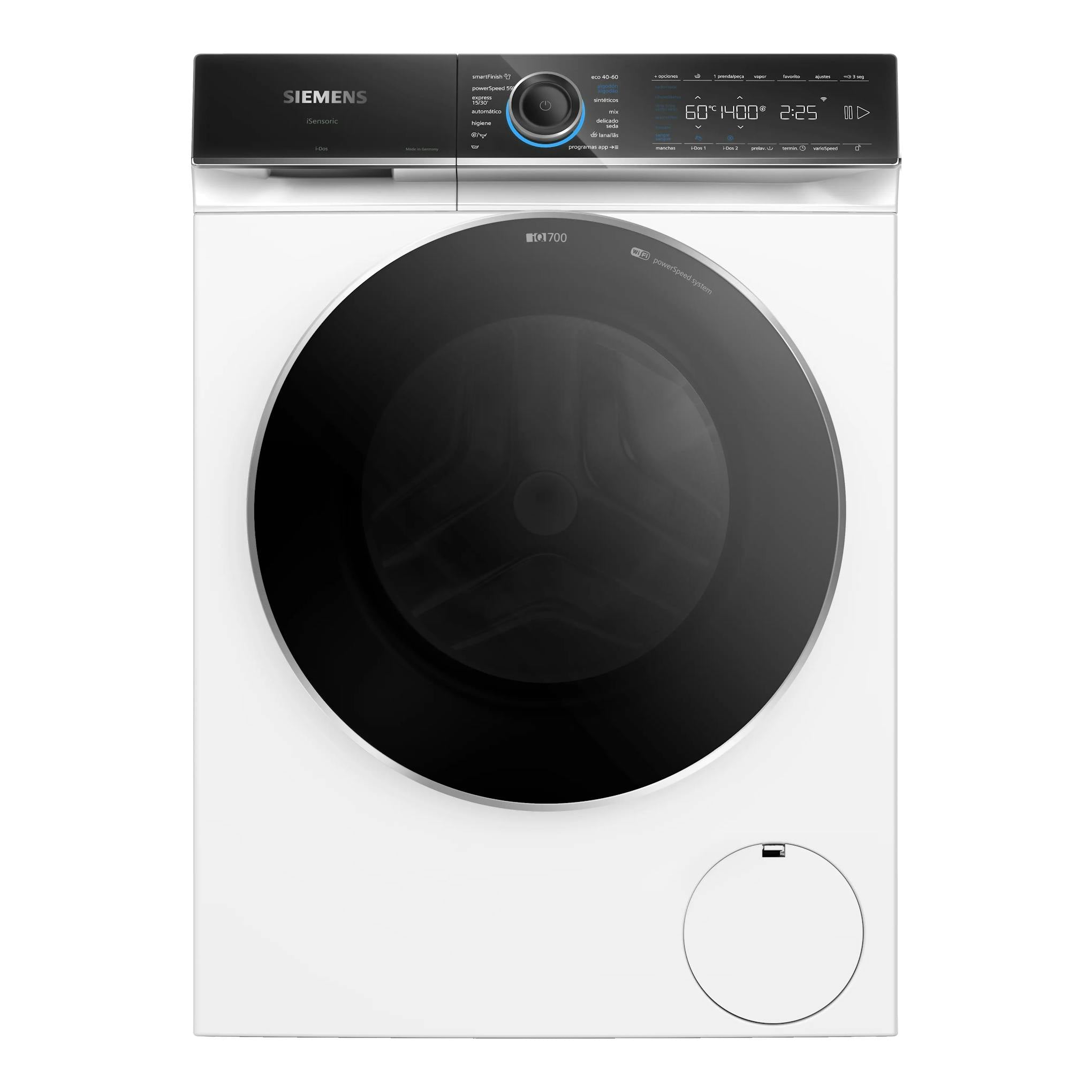 Lavadora Siemens WG66B2A1ES blanca, vista frontal, con puerta negra circular y panel superior digital.