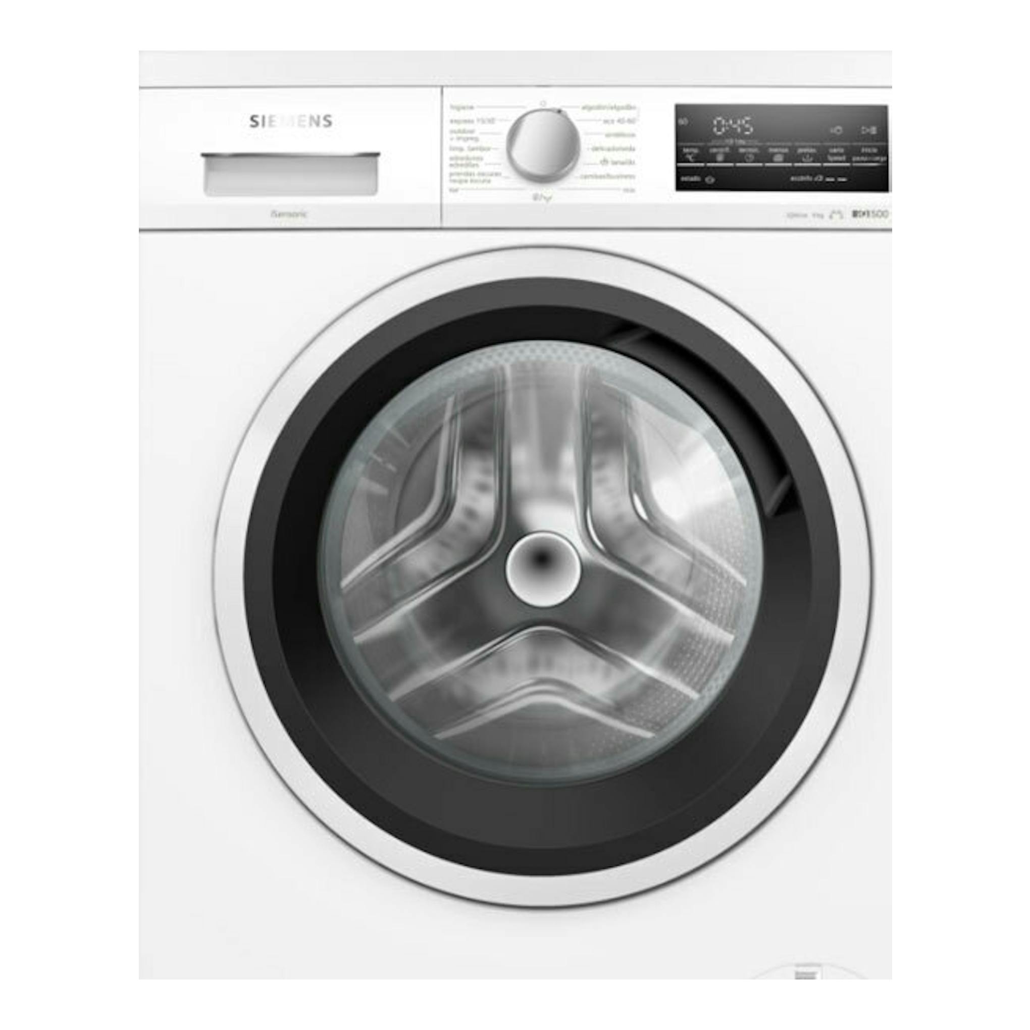 Lavadora Siemens WM12N265ES blanca, vista frontal, con puerta negra y panel digital superior.