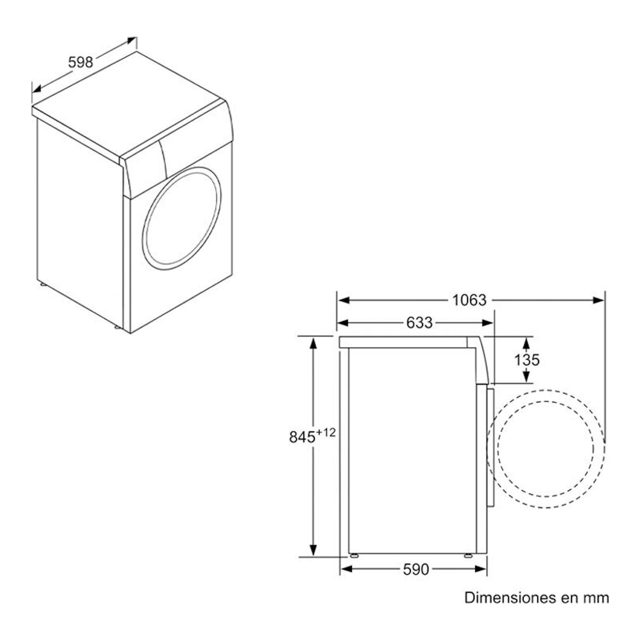 Lavadora Siemens WM12N265ES, dibujo técnico en vista isométrica y lateral, con medidas en mm y puerta frontal.