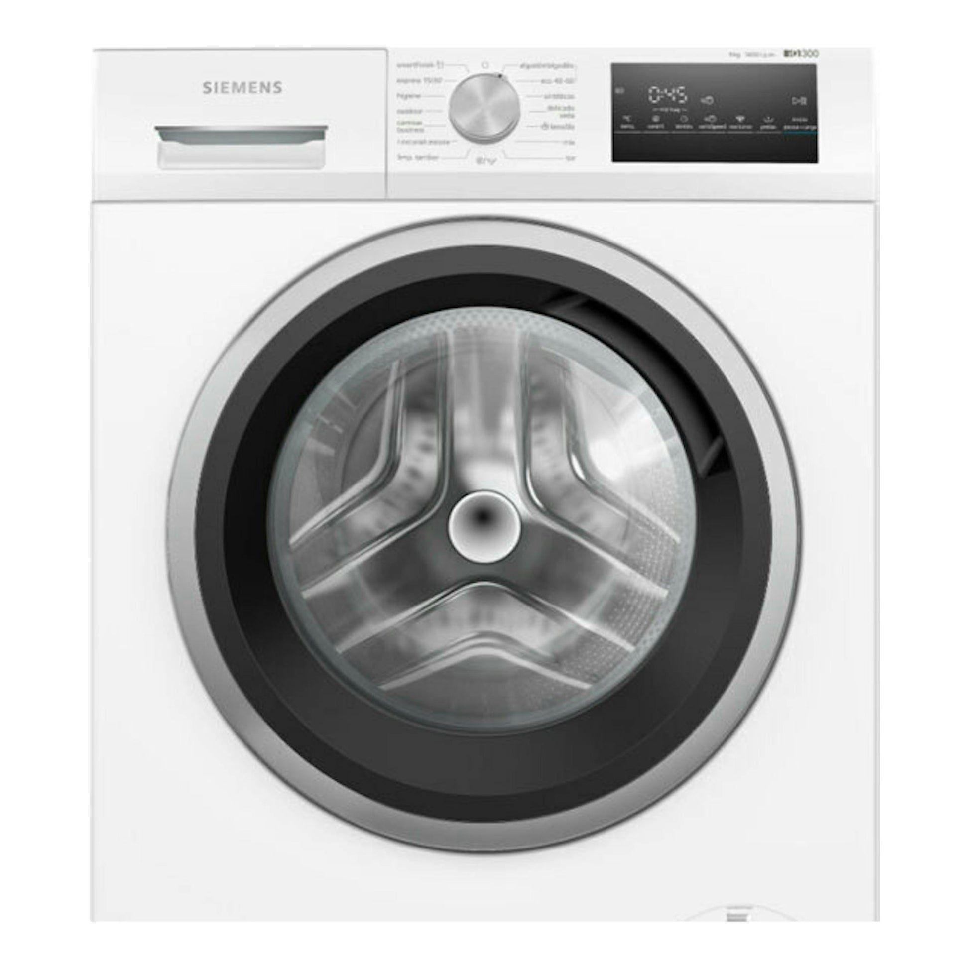 Lavadora frontal Siemens WM14N290EP blanca, vista frontal, con puerta circular y panel digital.