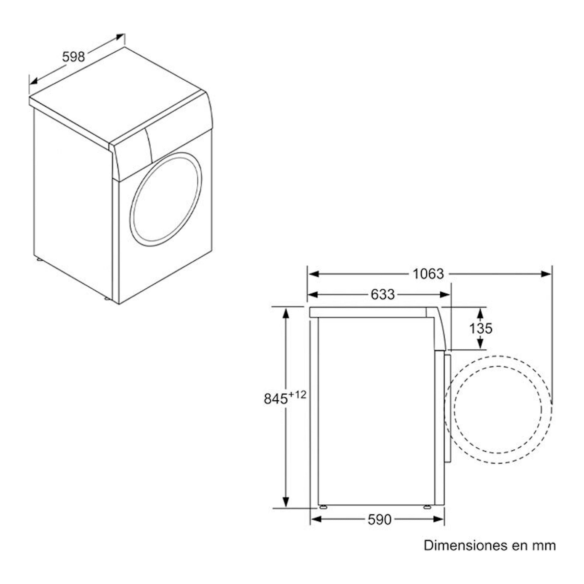 Lavadora Siemens WM14N290EP 9 kg en dibujo técnico, vista frontal y lateral, con medidas en mm.