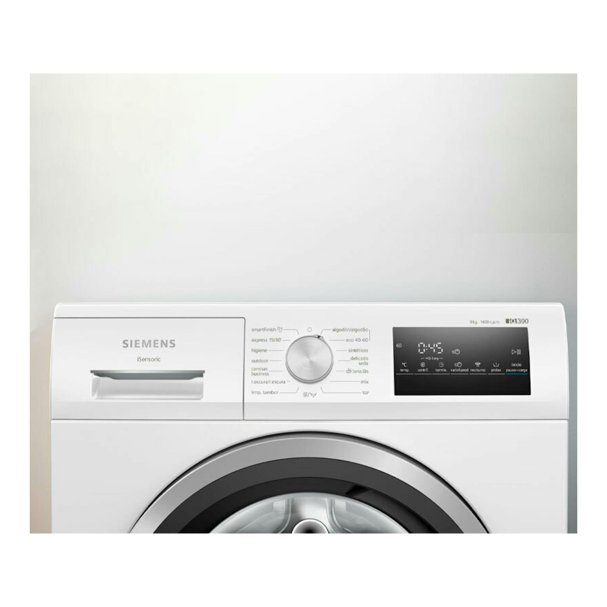 Lavadora Siemens WM14N290EP blanca de 9 kg, vista frontal, con puerta circular y panel digital superior.