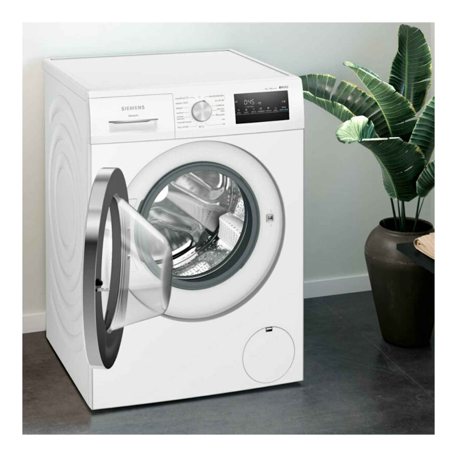 Lavadora Siemens WM14N290EP blanca, de carga frontal, con puerta abierta y panel digital.