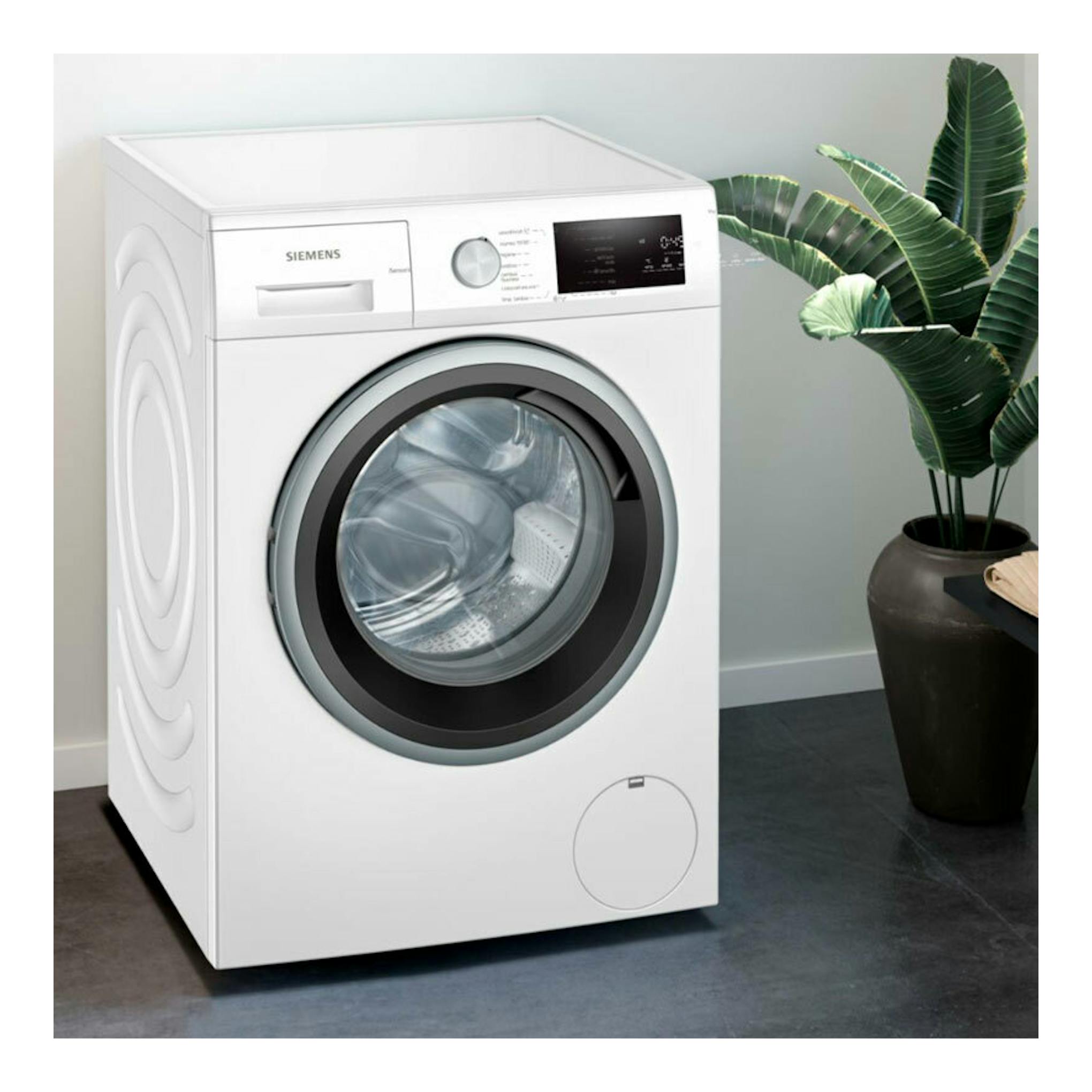 Lavadora Siemens WM14N290EP blanca, vista frontal, con puerta circular y panel superior.