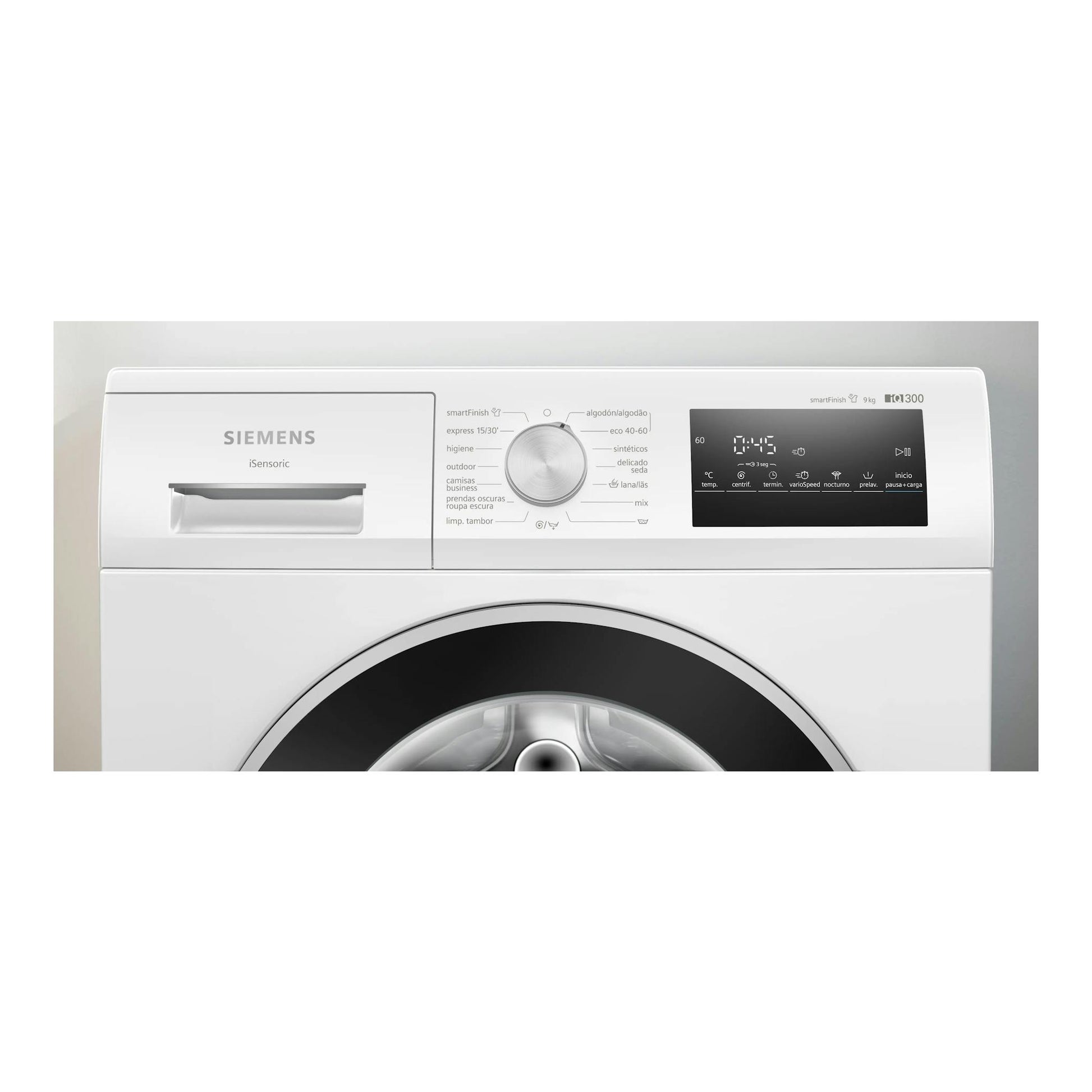 Lavadora frontal Siemens WM14N292EP blanca, vista frontal, con cajetín, selector central y panel digital negro.