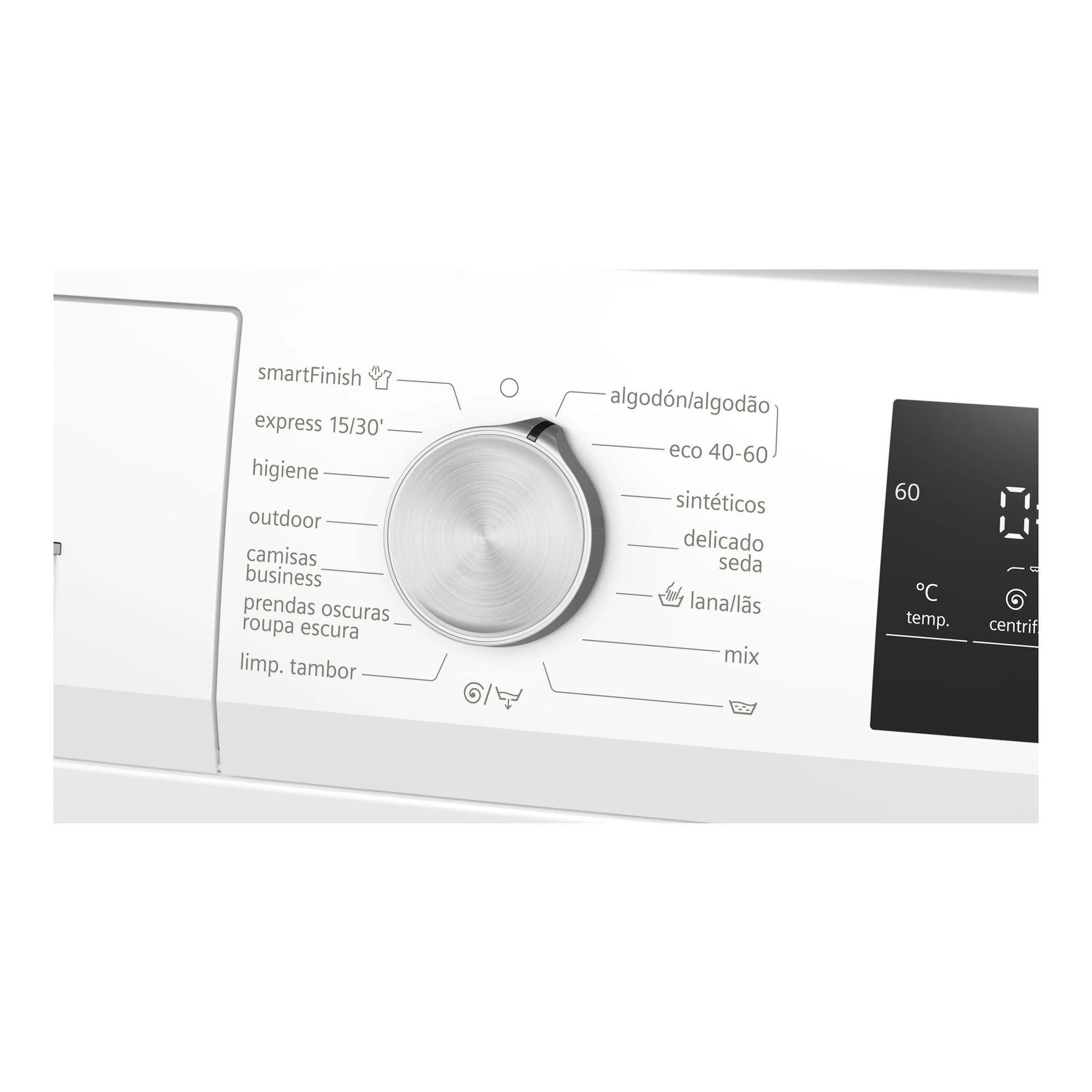 Lavadora Siemens WM14N292EP blanca, vista frontal parcial del panel con selector central y pantalla negra.