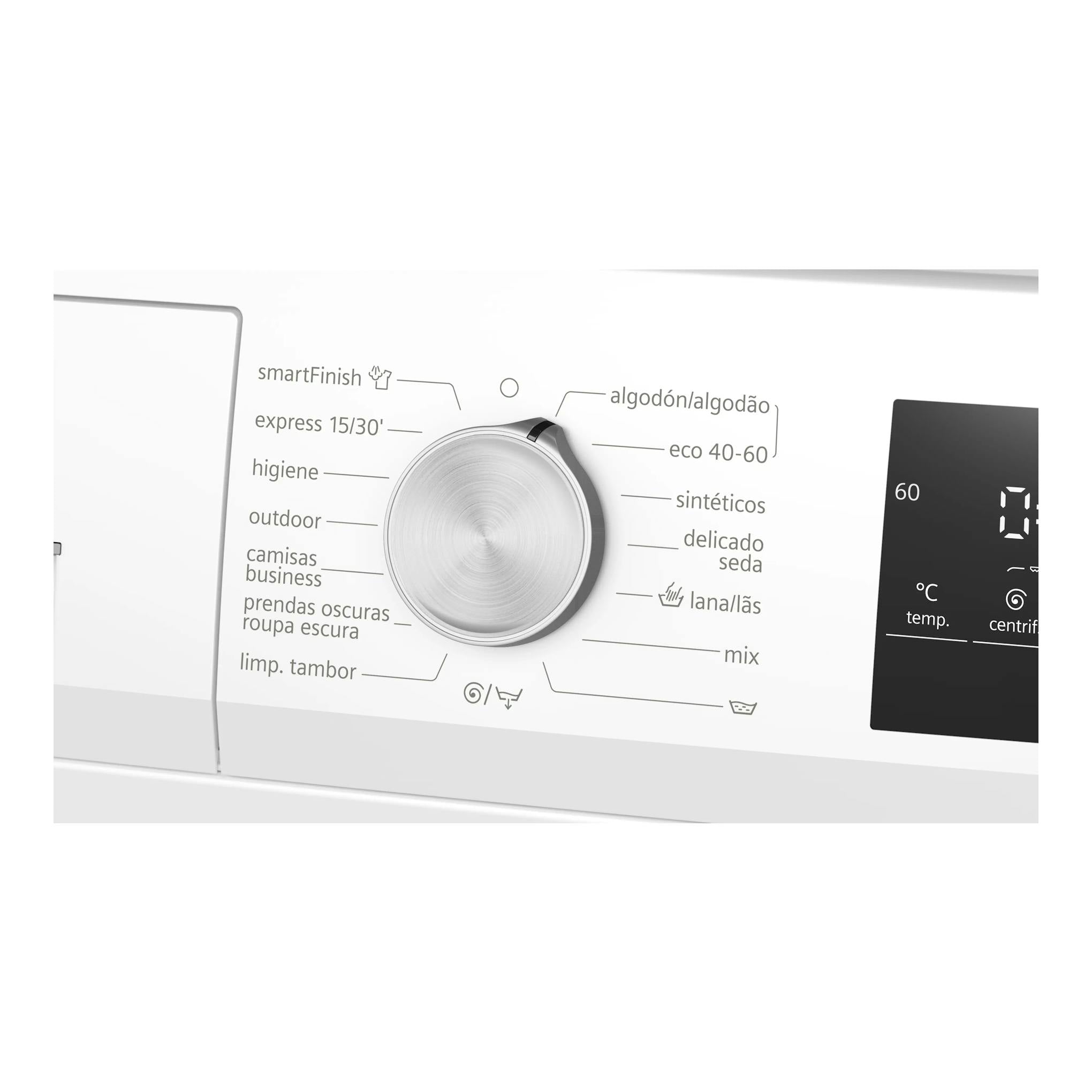 Lavadora Siemens WM14N292EP blanca, vista frontal parcial del panel con selector central y pantalla negra.