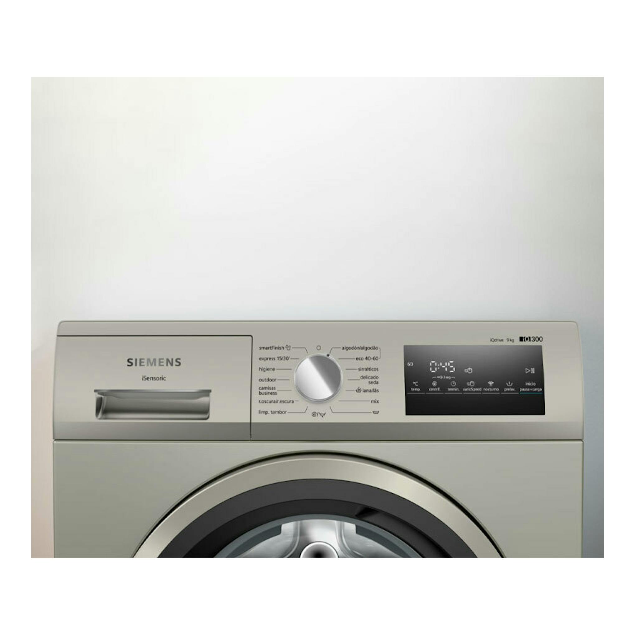 Lavadora frontal Siemens WM14N29XEP gris, vista frontal con panel digital y puerta circular.