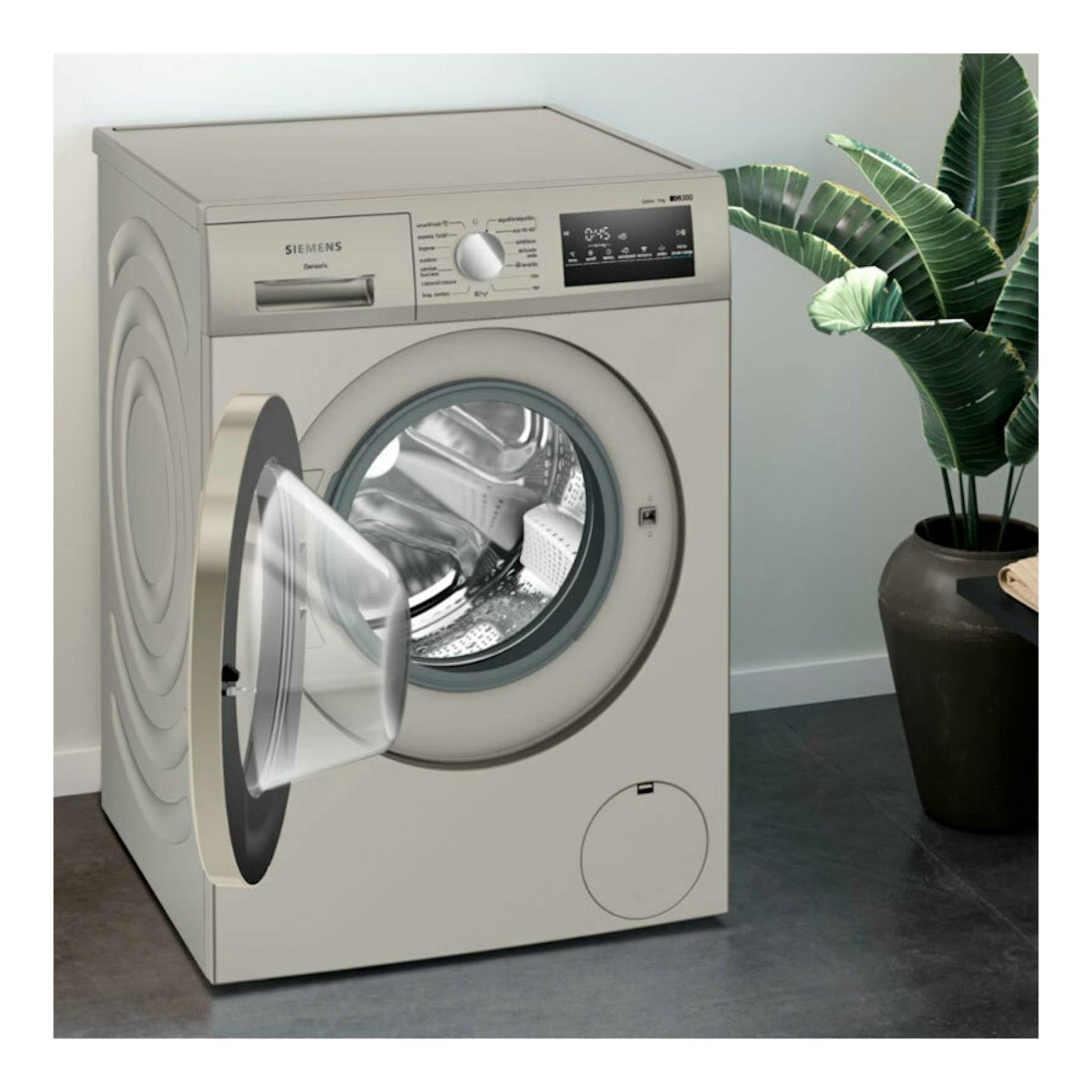 Lavadora Siemens WM14N29XEP blanca, vista frontal con la puerta abierta.