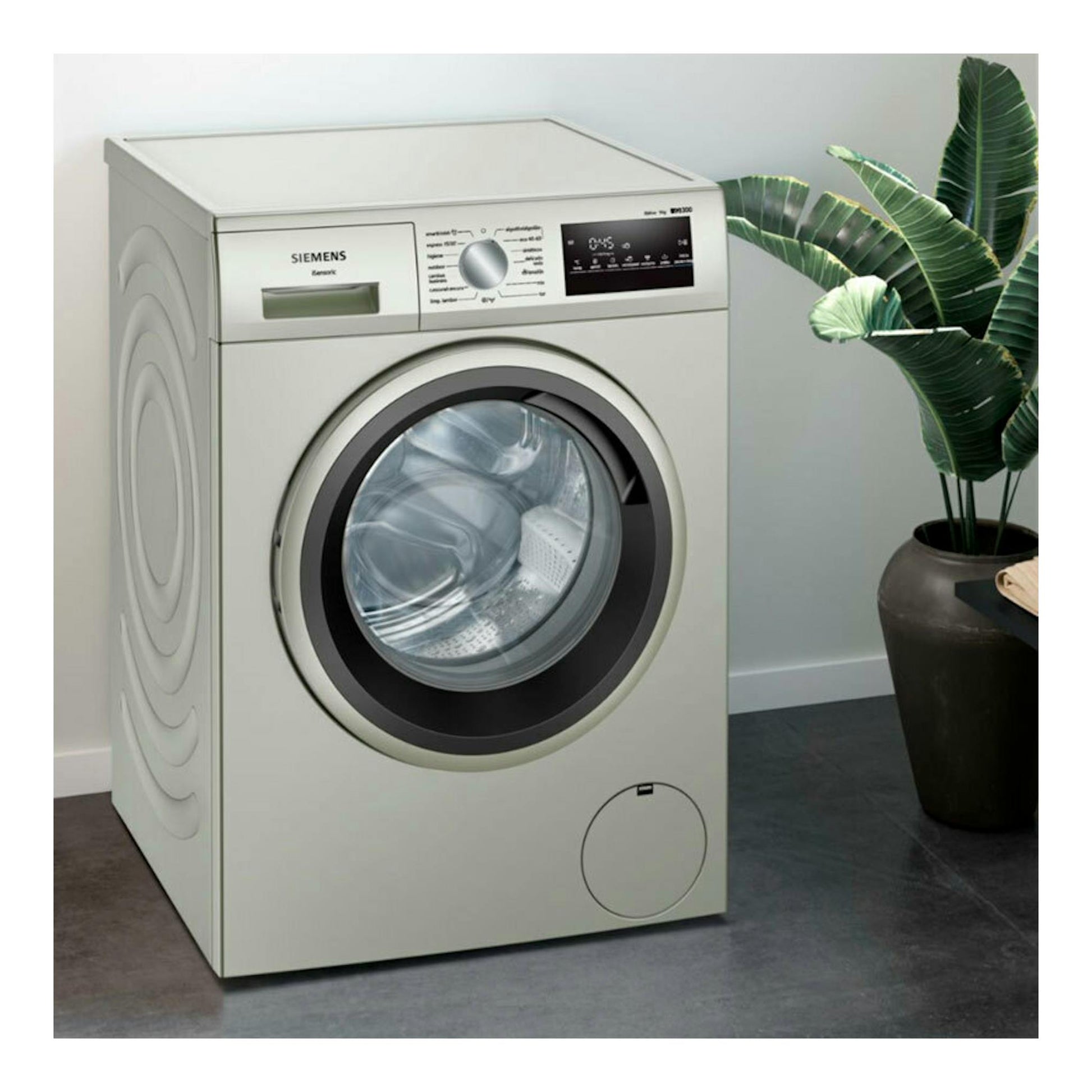 Lavadora Siemens WM14N29XEP blanca, vista frontal, con puerta de carga frontal y panel digital superior.