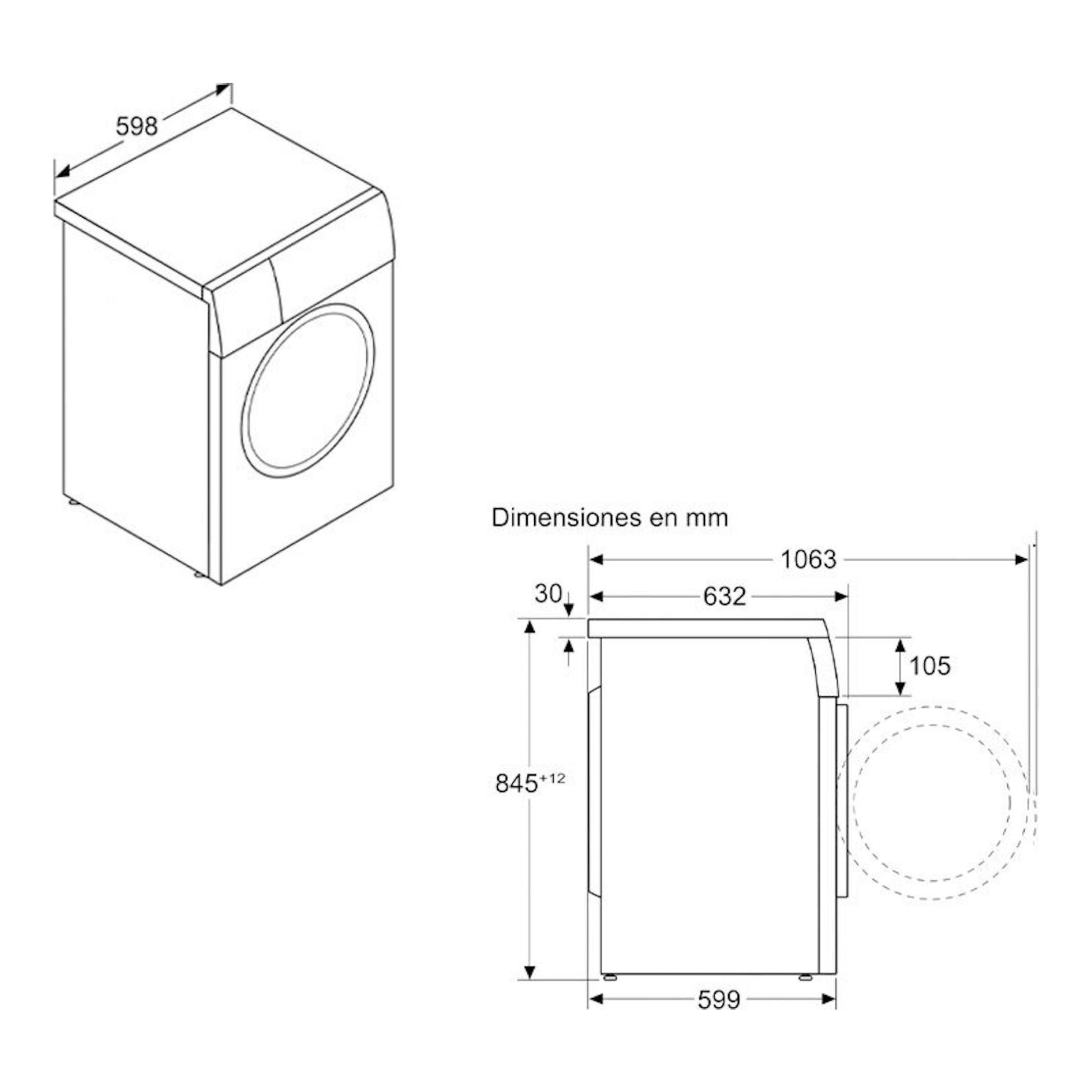 Lavadora Siemens WU14UT62ES, dibujo técnico en blanco y negro, vista isométrica y lateral con medidas en mm.