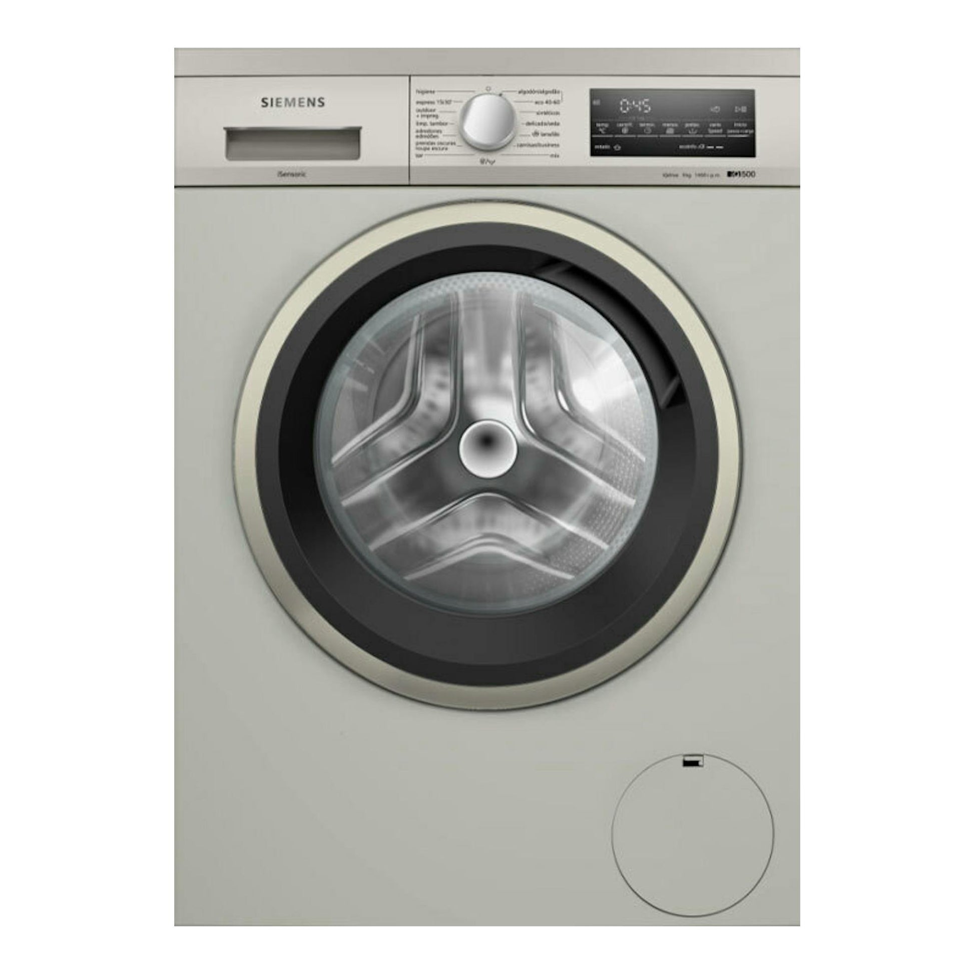 Lavadora frontal Siemens WU14UT6KES, color blanco/plata, vista frontal con puerta circular y panel digital.