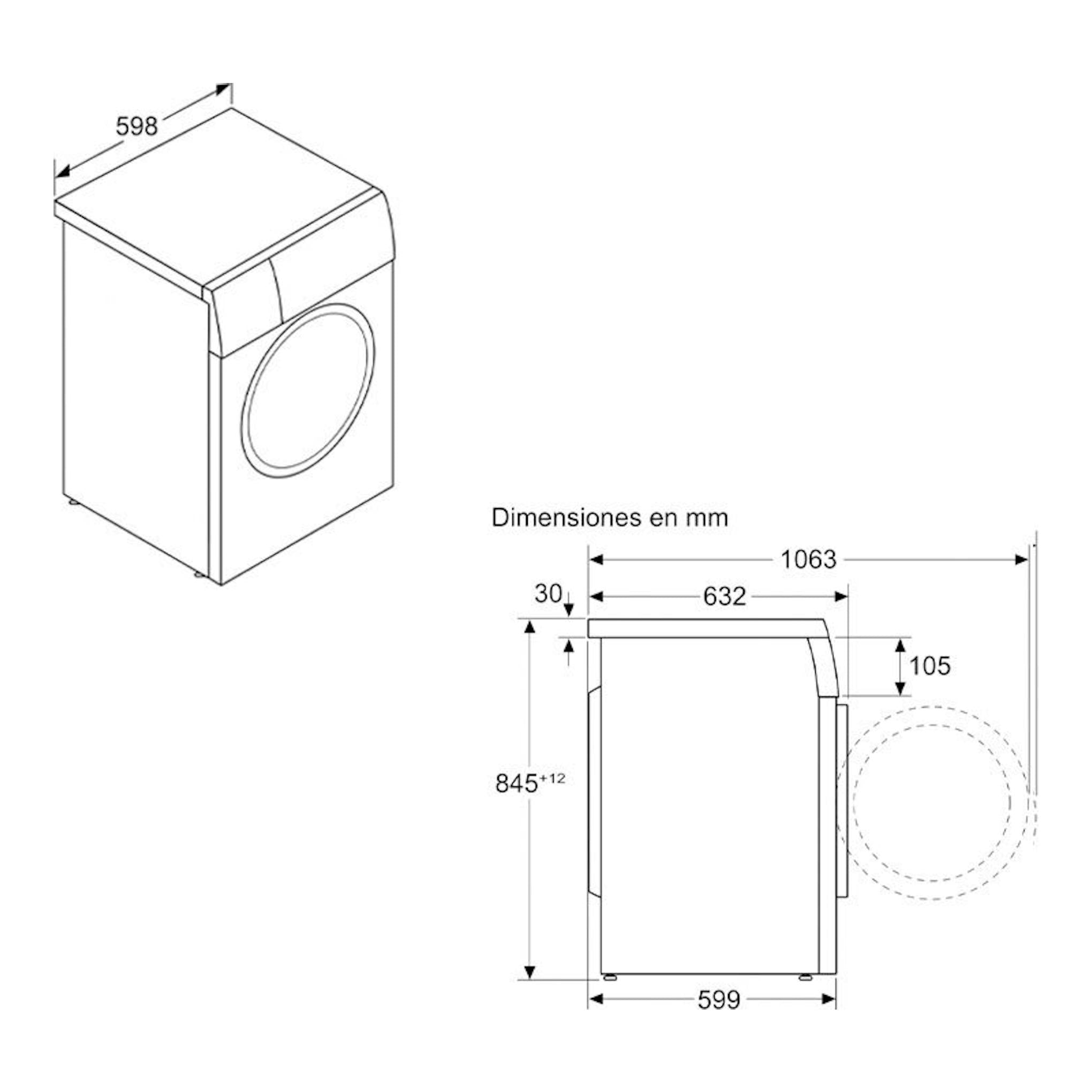 Lavadora Siemens WU14UT6KES en dibujo técnico, vista frontal y lateral, con medidas en mm.