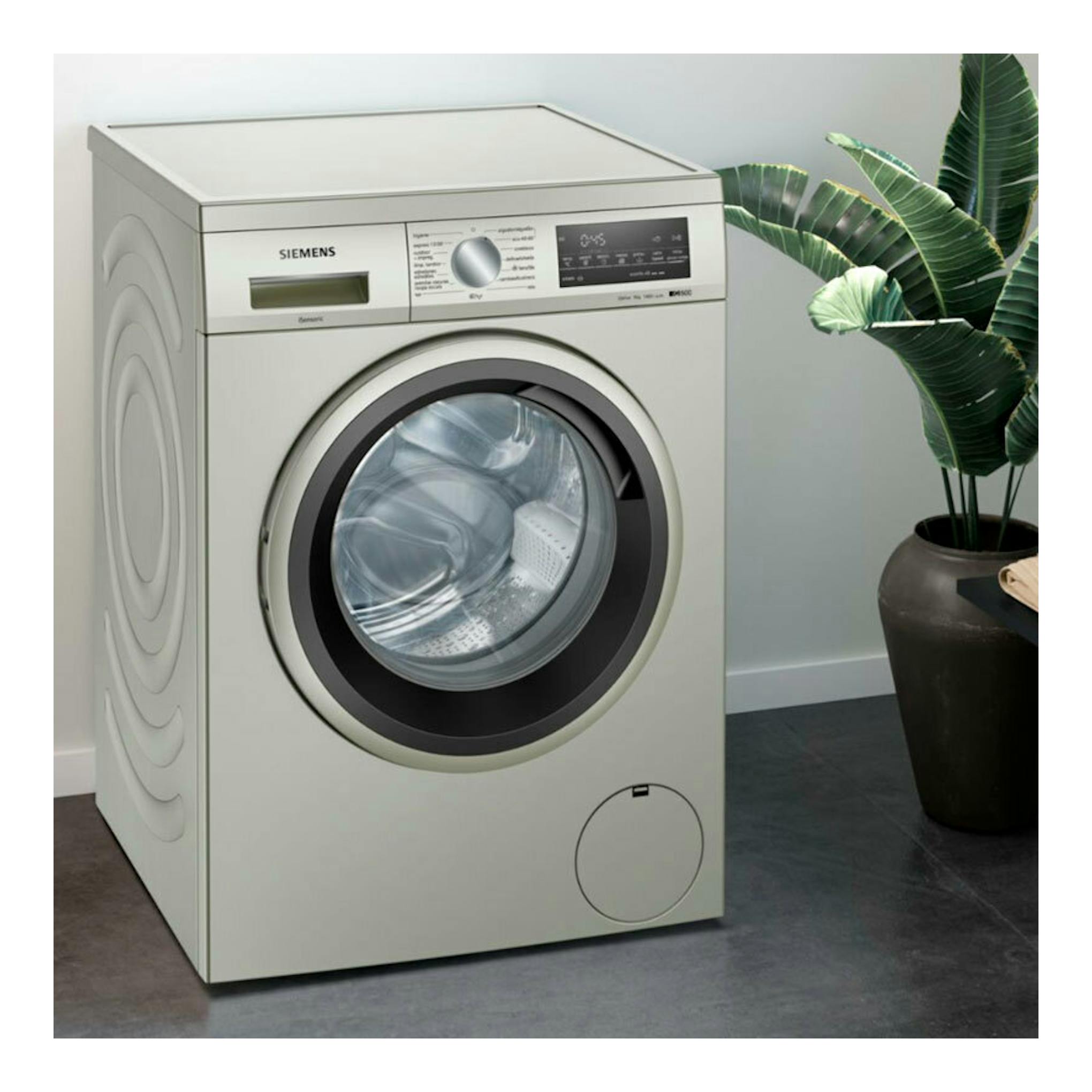 Lavadora Siemens WU14UT6KES blanca, vista frontal, con puerta circular y panel digital.