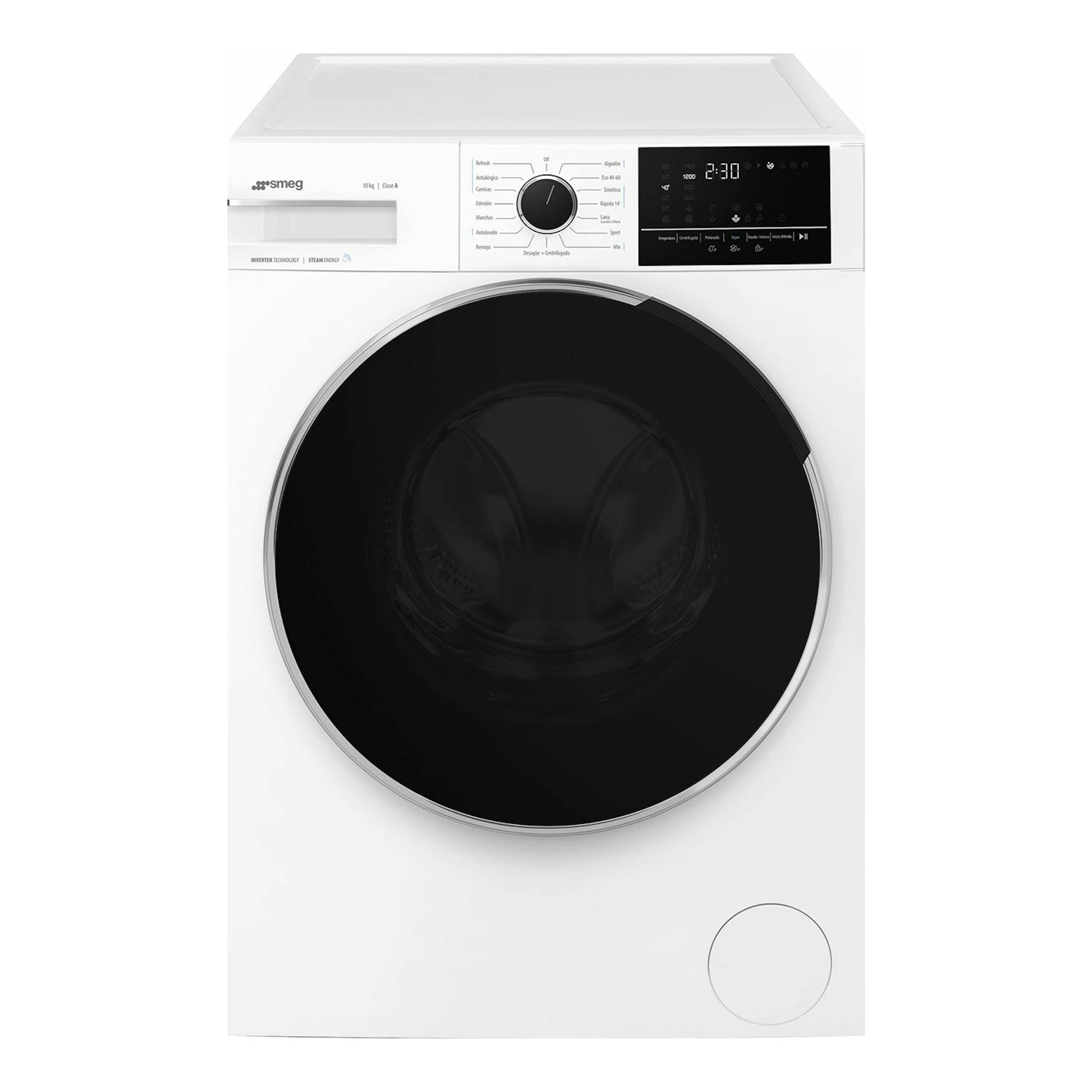 Lavadora Smeg WNP04SEAES1 blanca, vista frontal, con puerta redonda negra y panel de control superior.