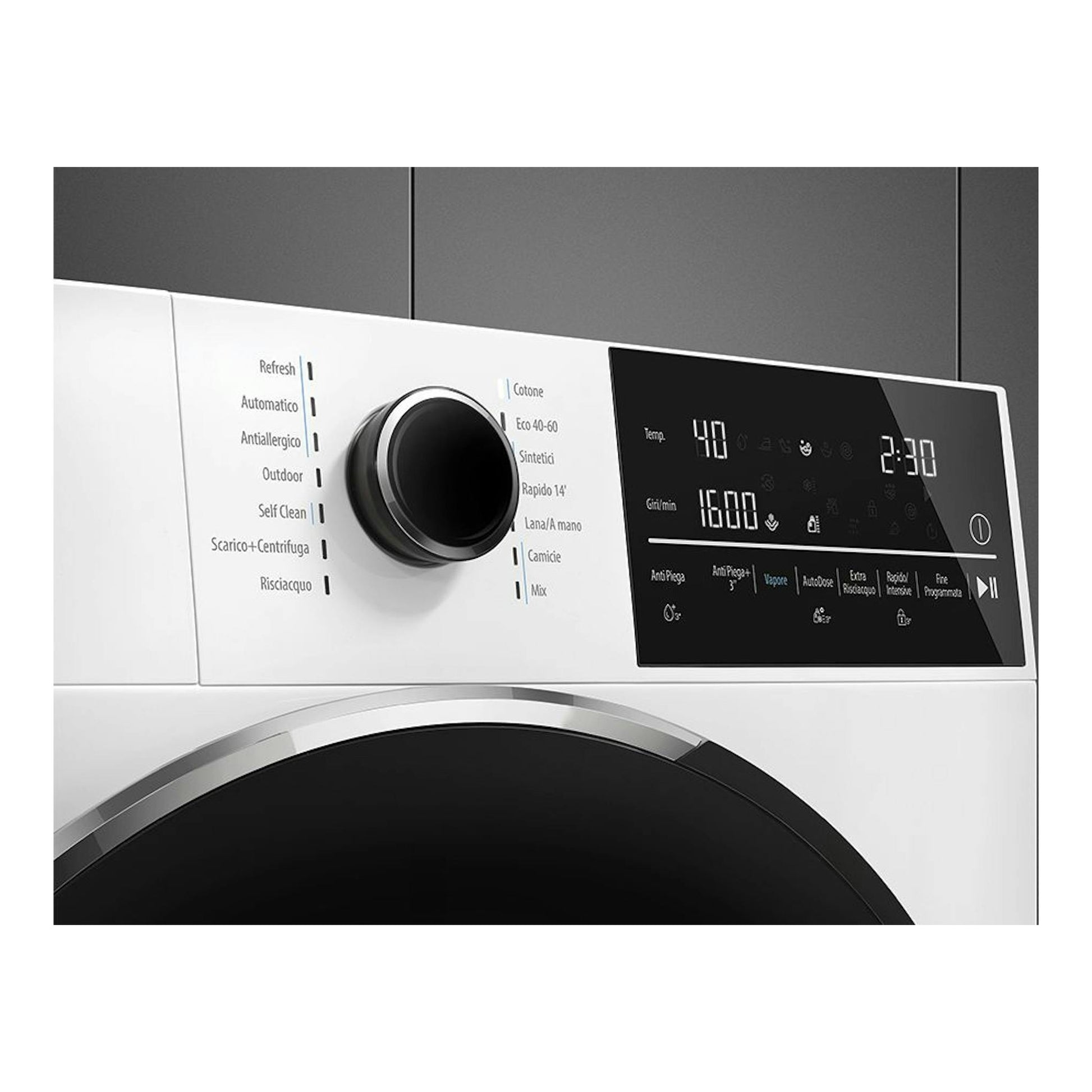 Lavadora Smeg WNP04SEAES1 blanca, vista frontal parcial con panel negro táctil y selector central.