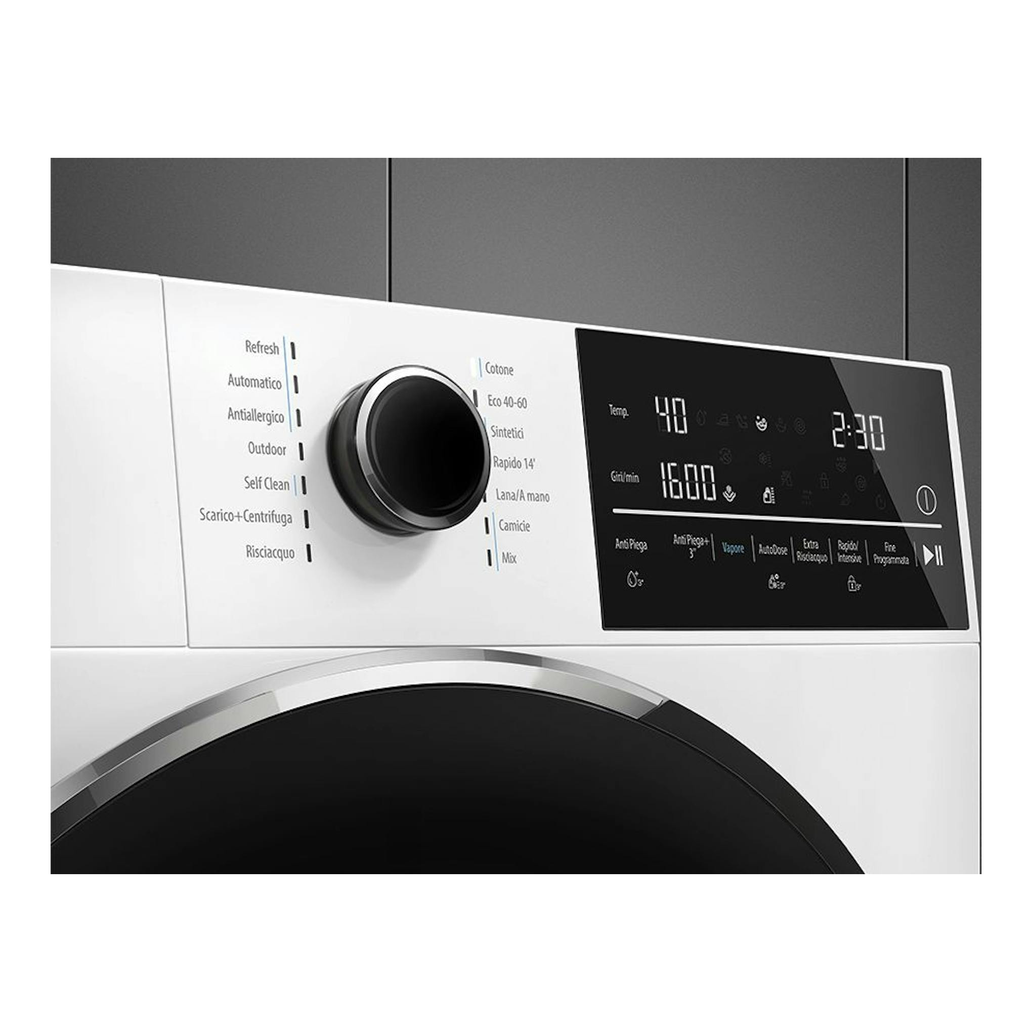 Lavadora Smeg WNP04SEAES1 blanca, vista frontal parcial con panel negro táctil y selector central.