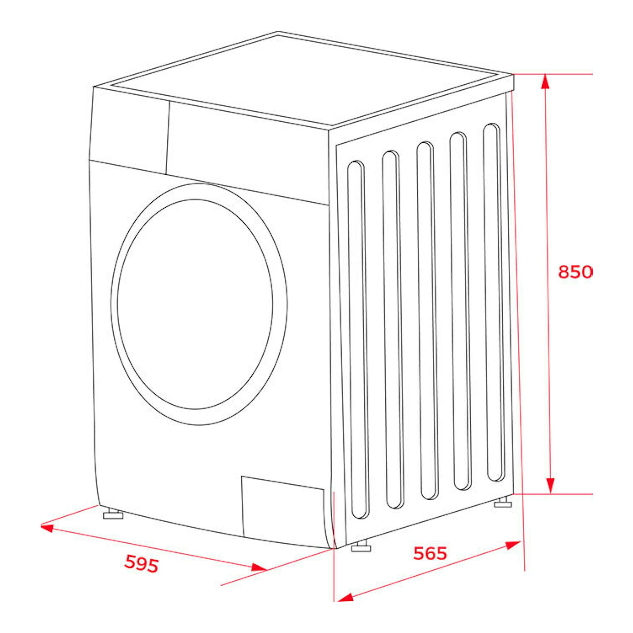 Dibujo técnico de lavadora Teka WMK 81050 en vista frontal izquierda, con medidas 595 x 565 x 850 mm.