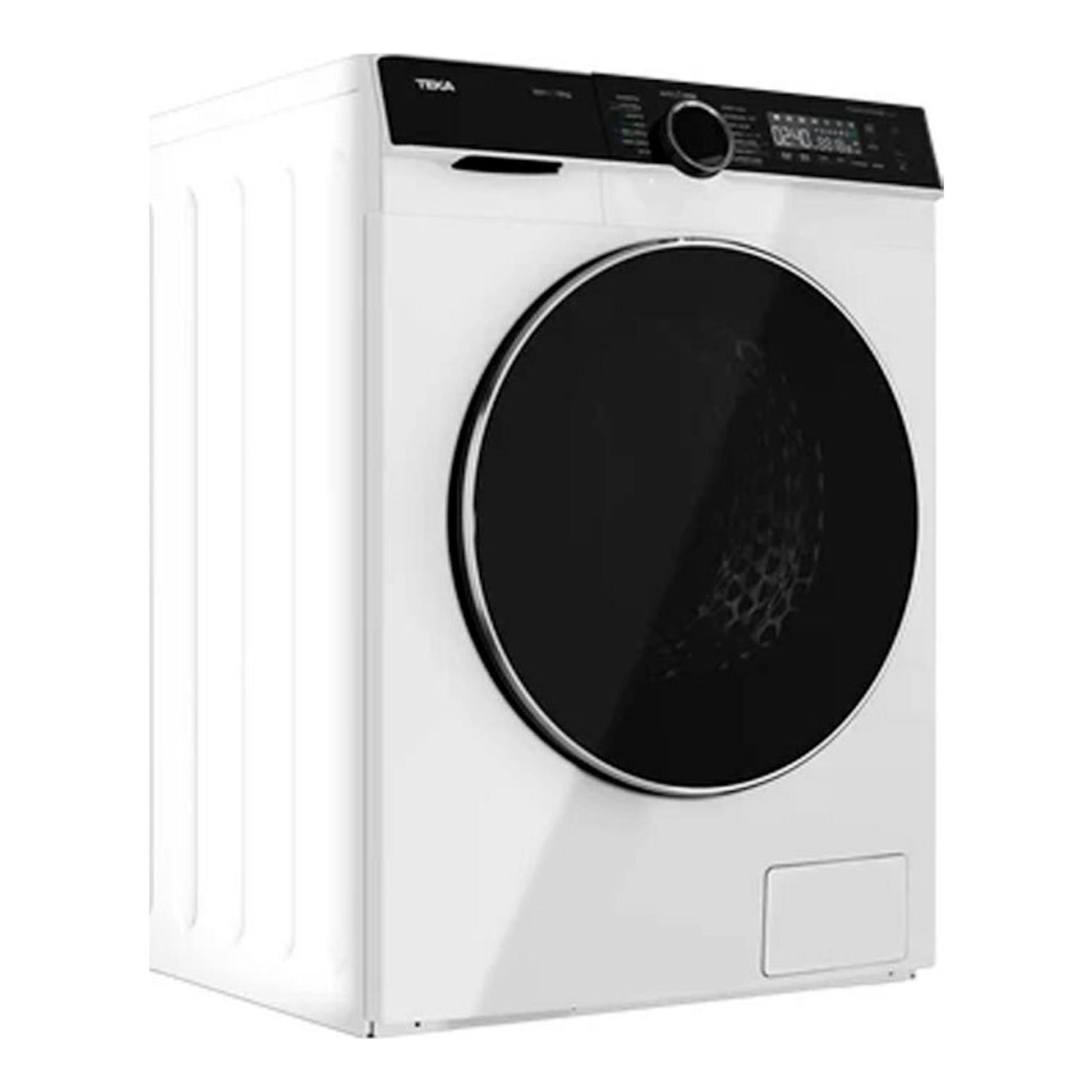 Lavadora Teka WMK 81050 blanca, vista frontal en tres cuartos, con puerta circular negra.