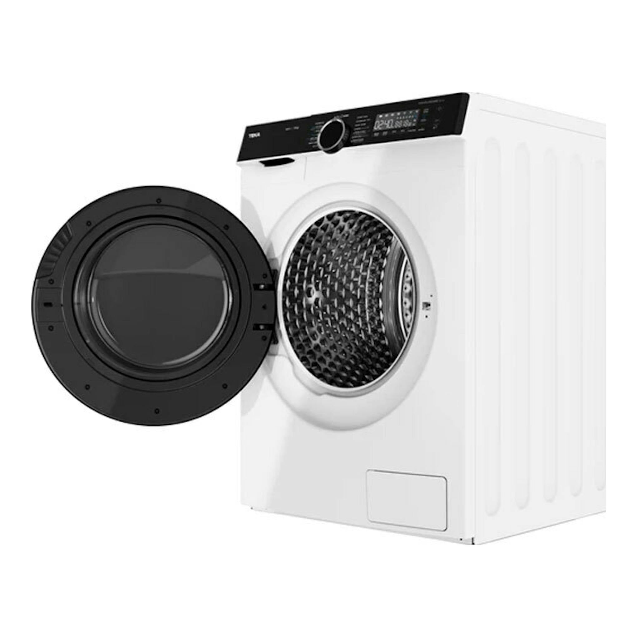 Lavadora frontal Teka WMK 81050 blanca, vista en tres cuartos, con puerta negra abierta.