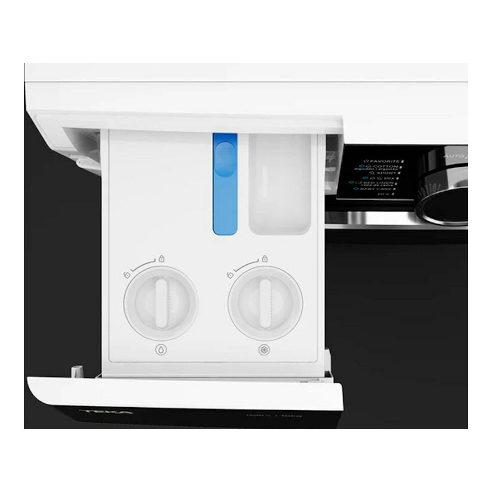 Lavadora Teka WMK 81050 blanca, vista frontal parcial con cajetín de detergente y mandos abiertos.
