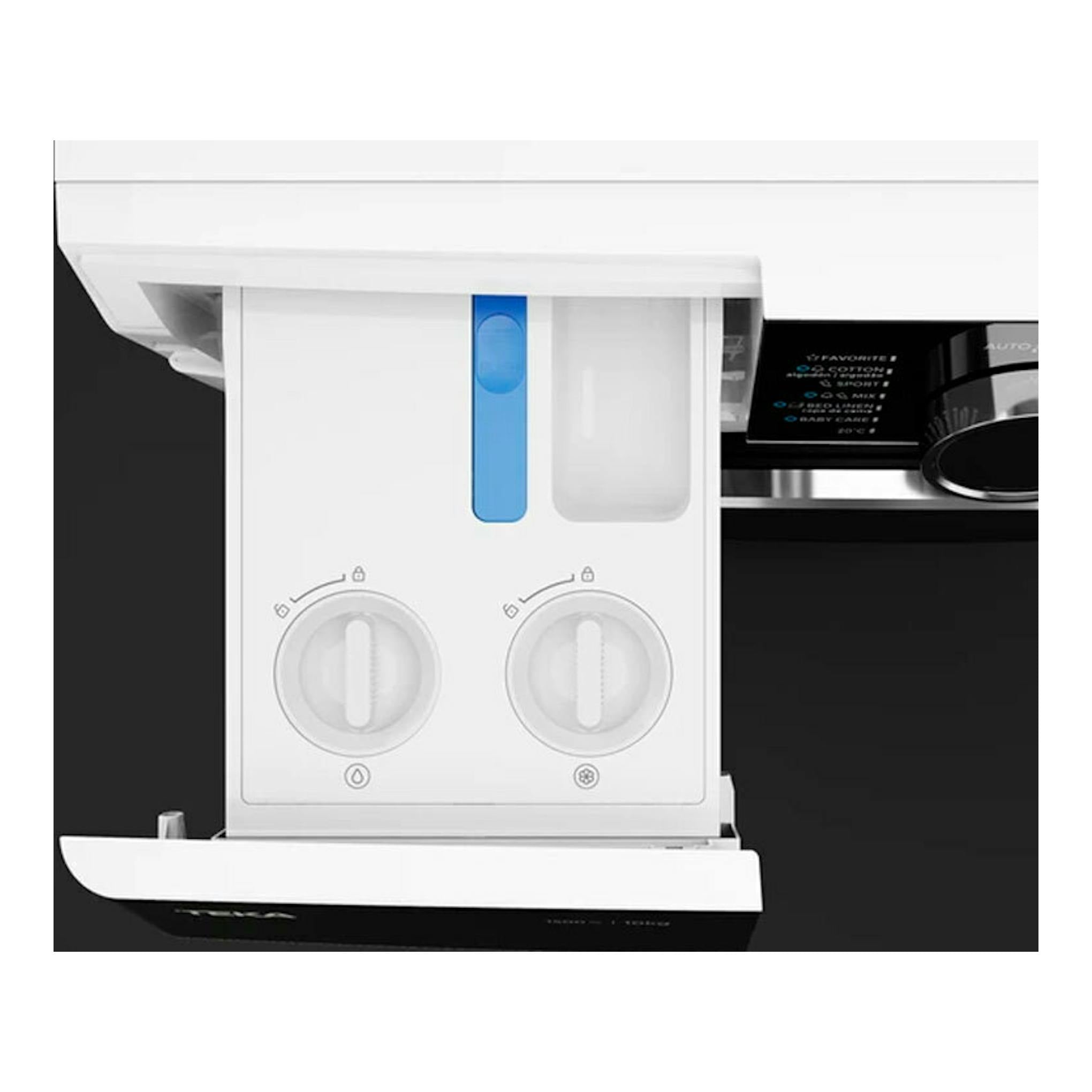 Lavadora Teka WMK 81050 blanca, vista frontal parcial con cajetín de detergente y mandos abiertos.