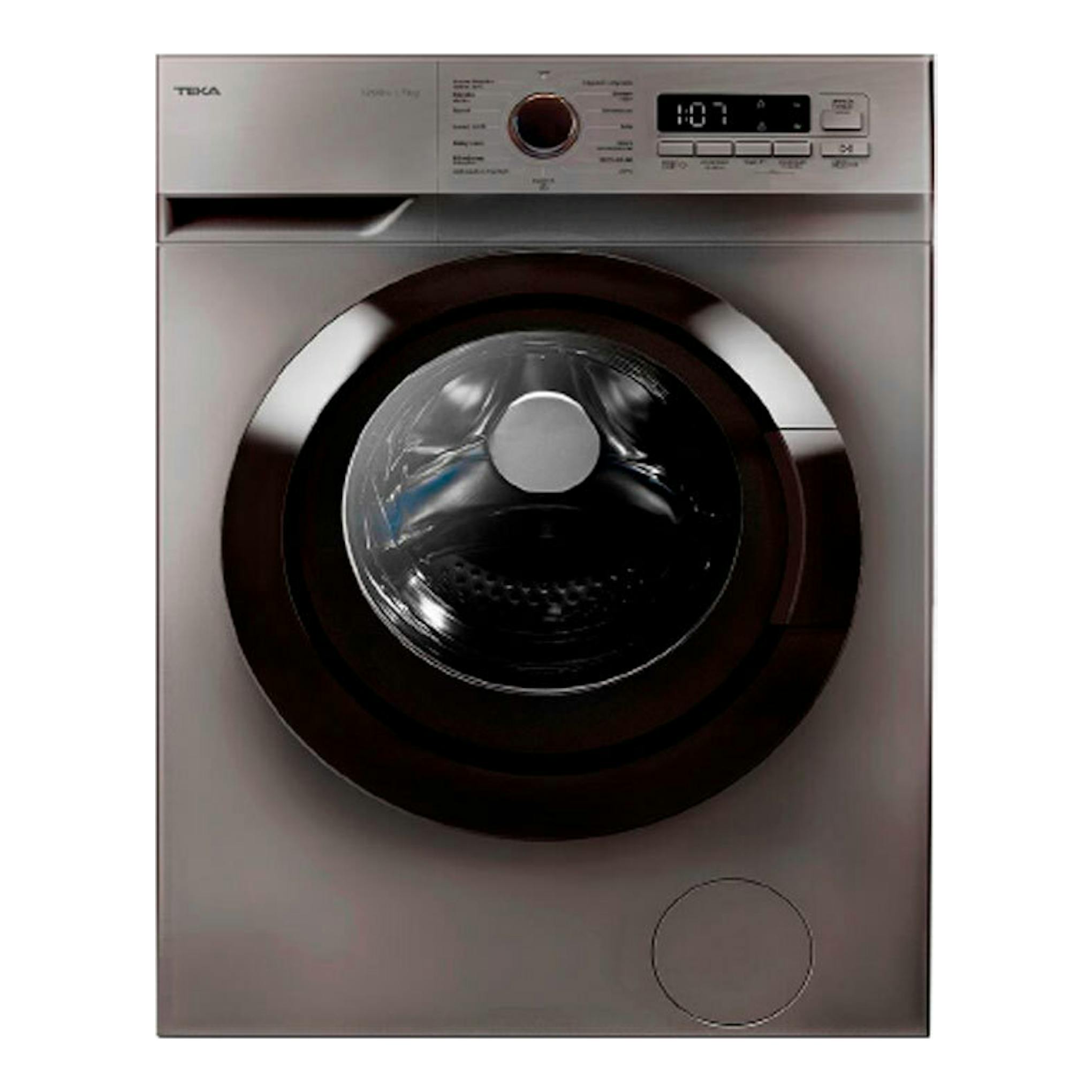 Lavadora Teka WMK40740 7 Kg, vista frontal, gris plata, con puerta circular negra y panel digital superior.