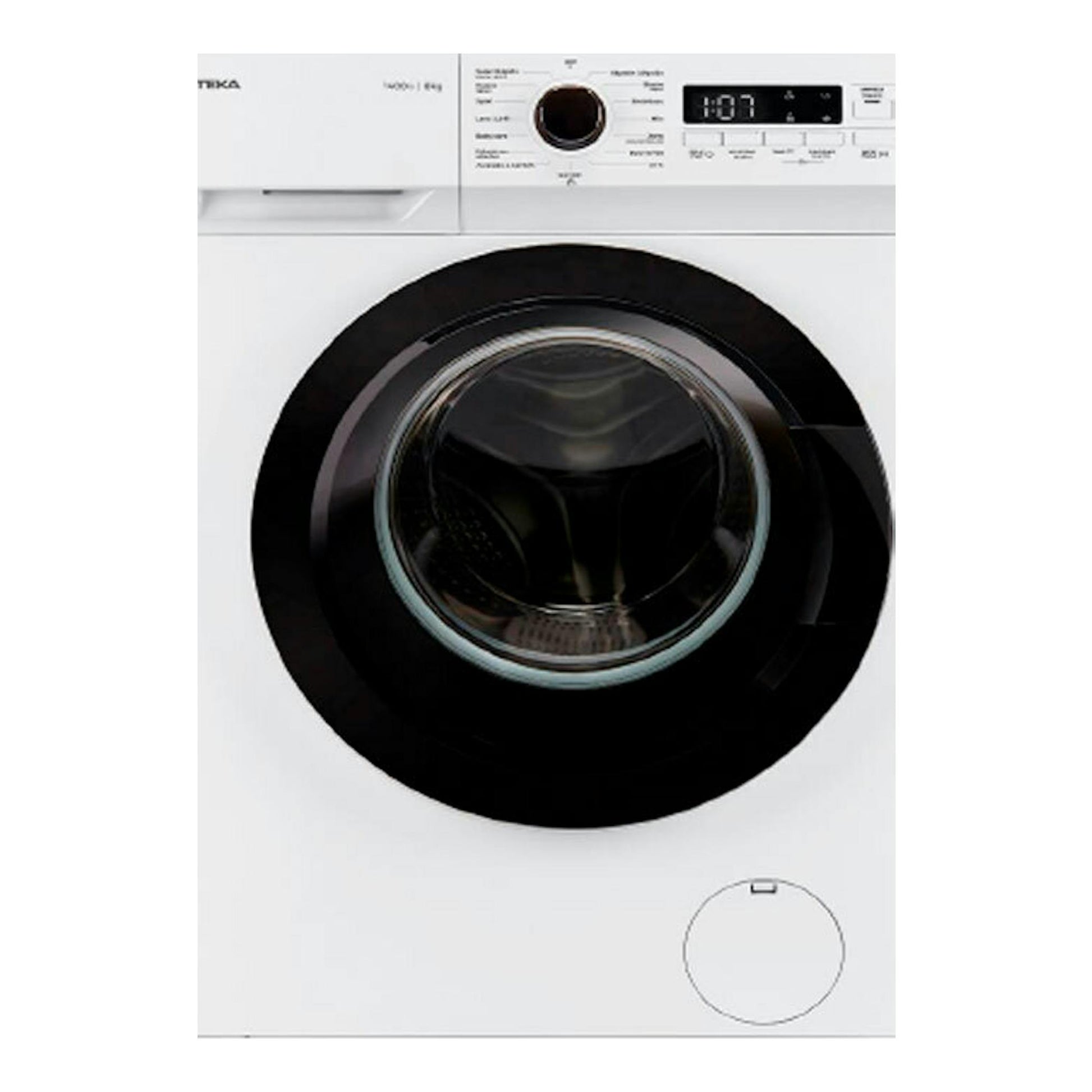 Lavadora Teka WMK40840 blanca, vista frontal, con puerta circular negra y panel digital superior.