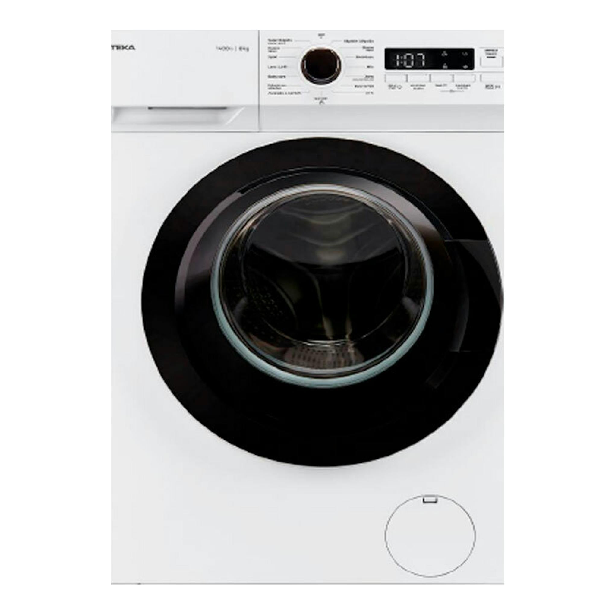 Lavadora Teka WMK40840 blanca, vista frontal, con puerta circular negra y panel digital superior.