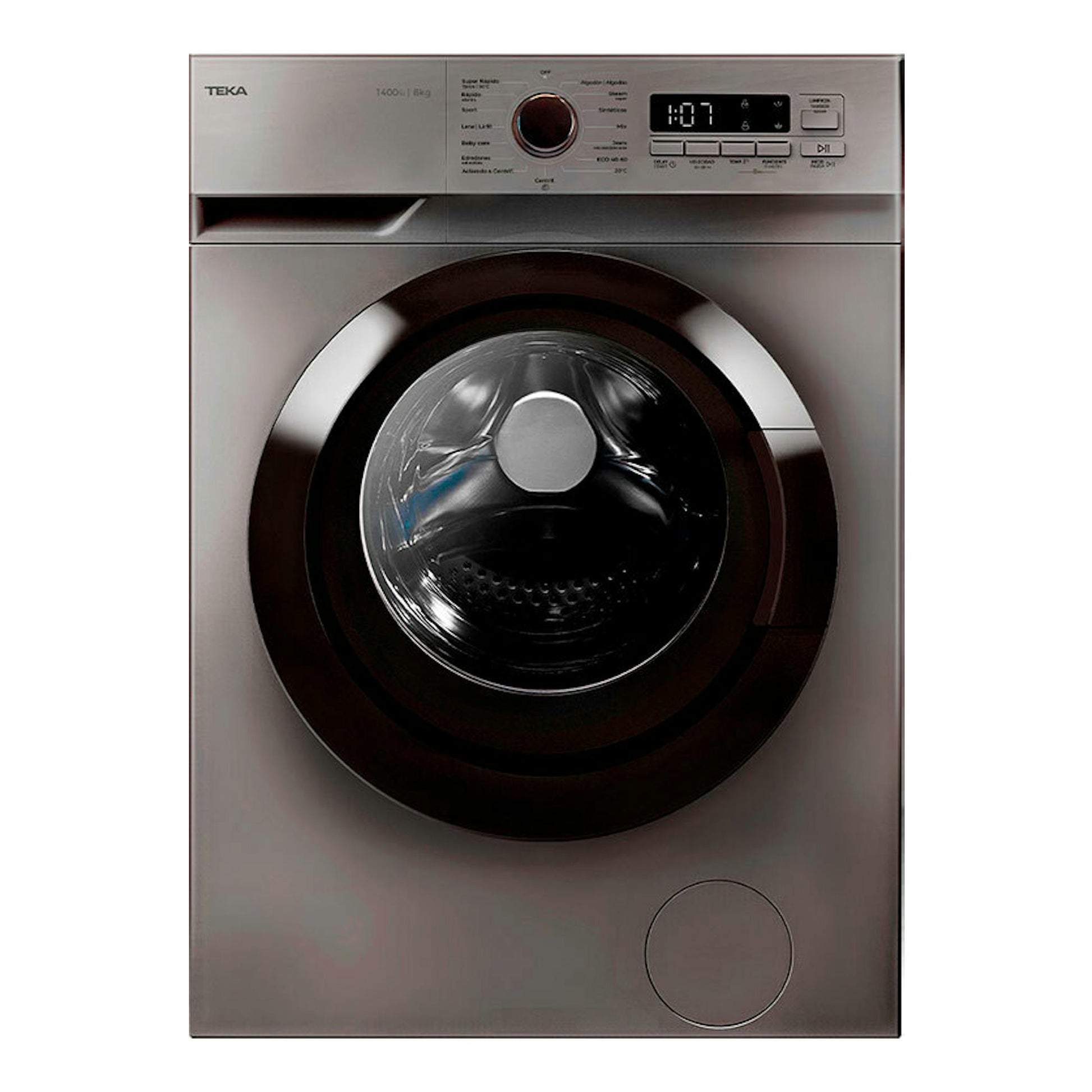 Lavadora frontal Teka WMK40840 INOX, vista frontal, con puerta circular negra y panel digital superior.