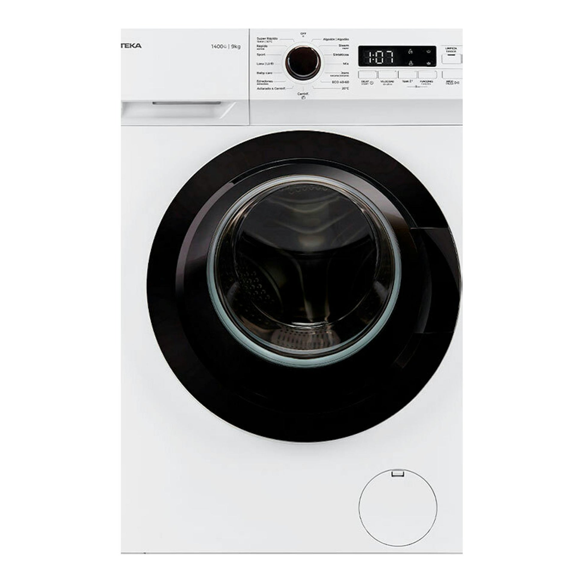 Lavadora Teka WMK40940 blanca, vista frontal, con puerta negra y panel digital superior.