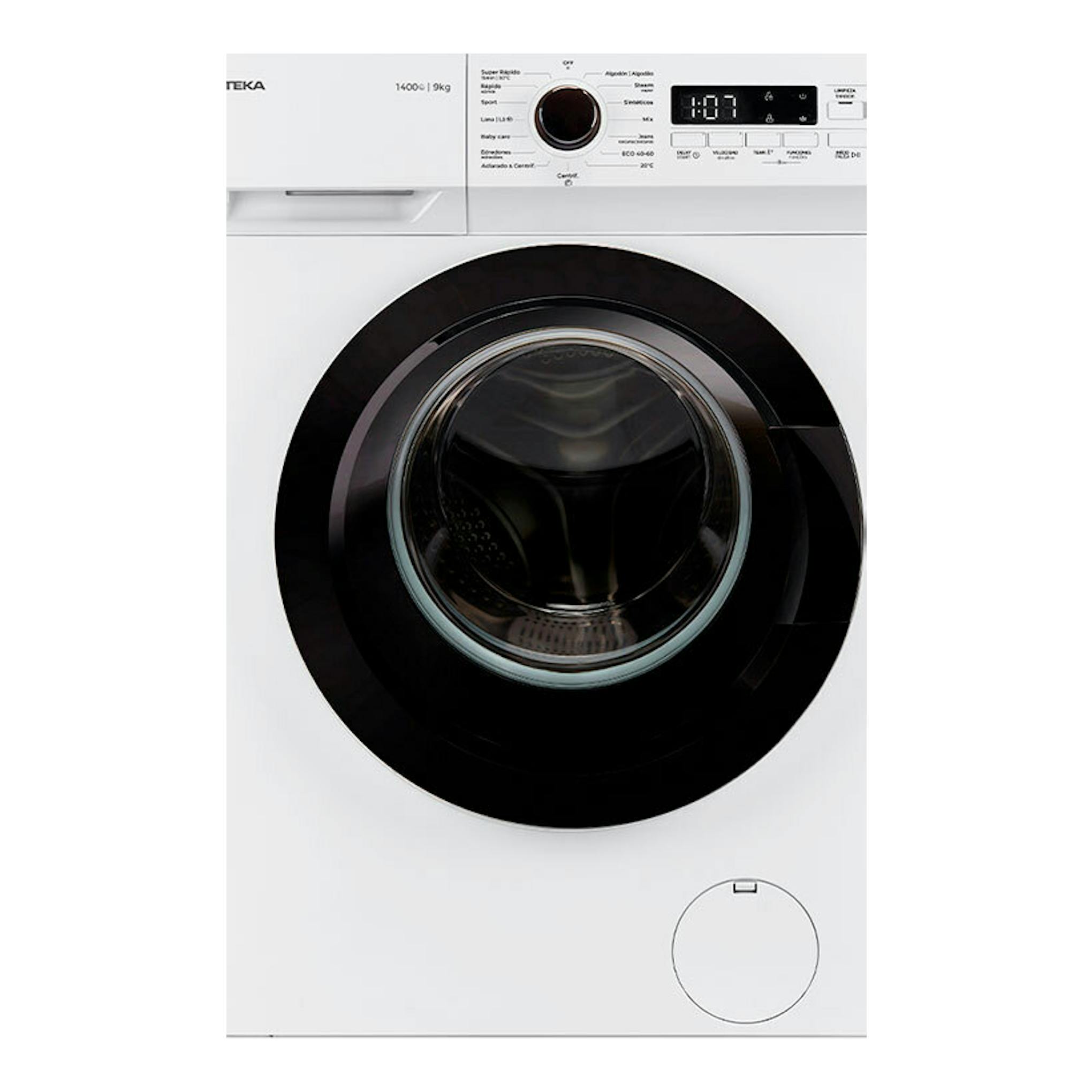 Lavadora Teka WMK40940 blanca, vista frontal, con puerta negra y panel digital superior.