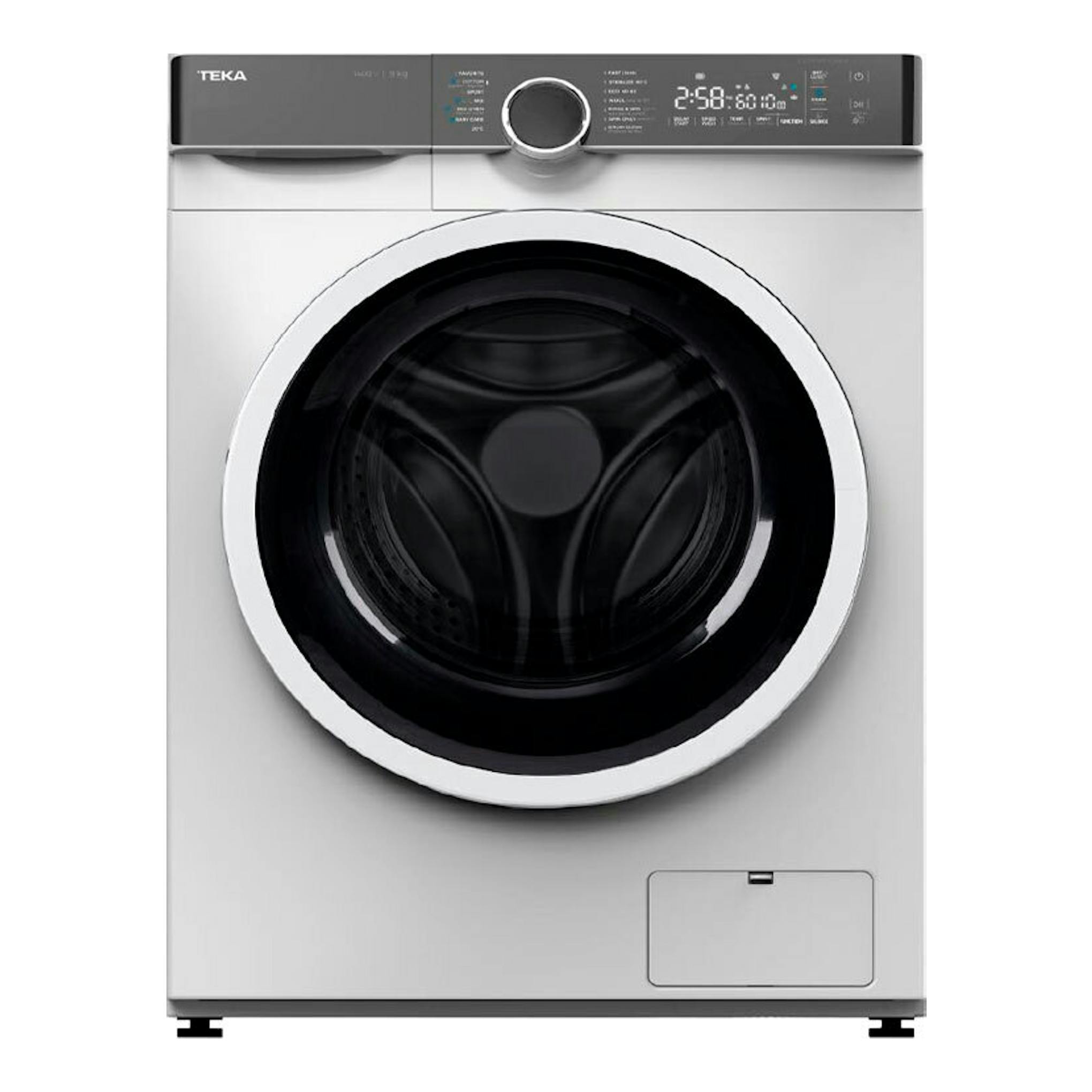 Teka WMK70940, lavadora frontal plateada con puerta circular negra y panel digital superior.