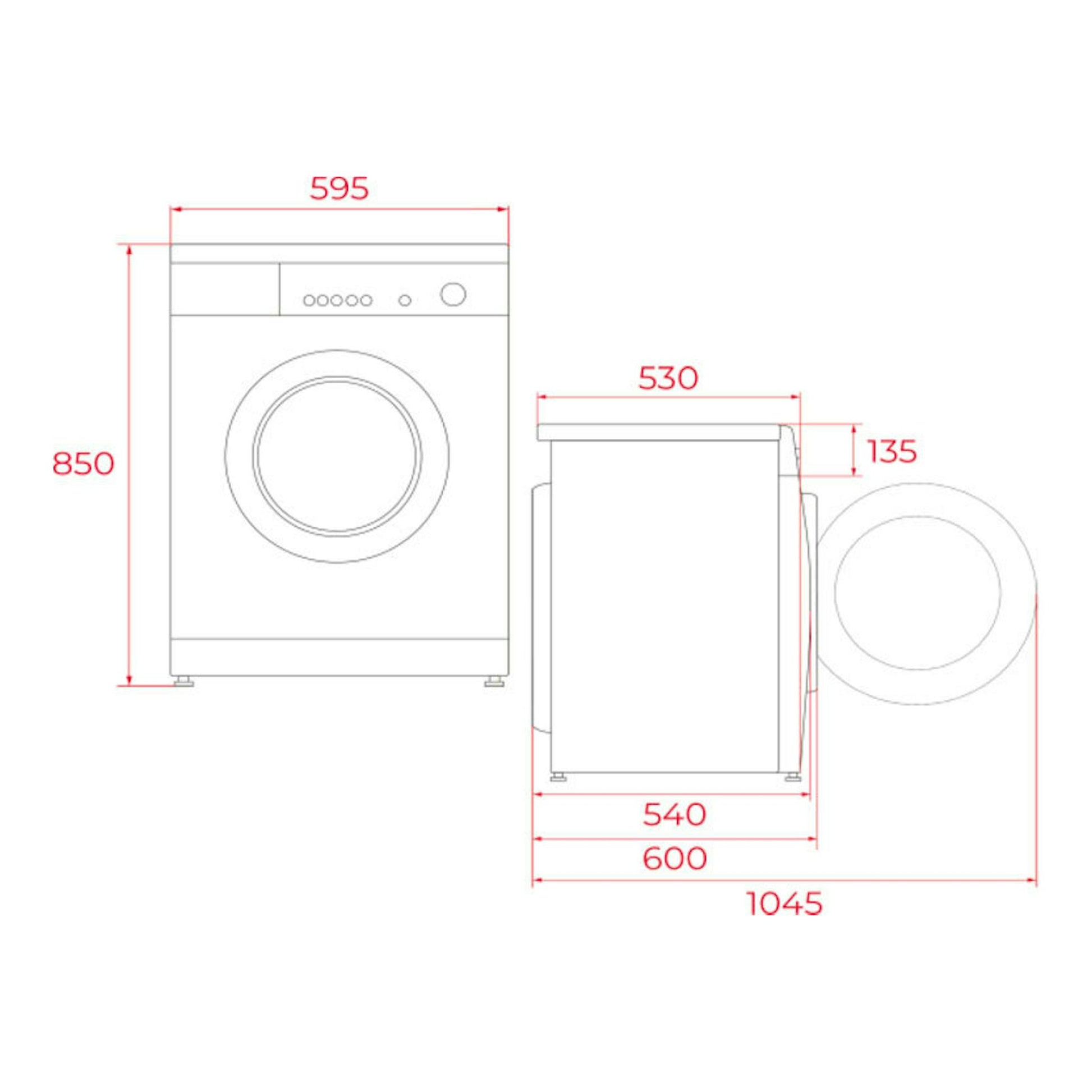 Teka WMK70940: lavadora blanca, vista frontal y lateral con medidas de 595x850x530 mm.