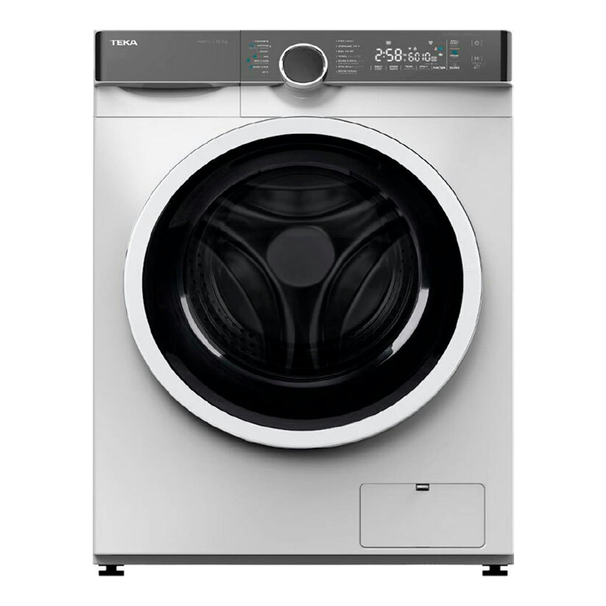 Lavadora frontal Teka WMK71240 12Kg, blanca, vista frontal, con puerta negra y panel digital superior.