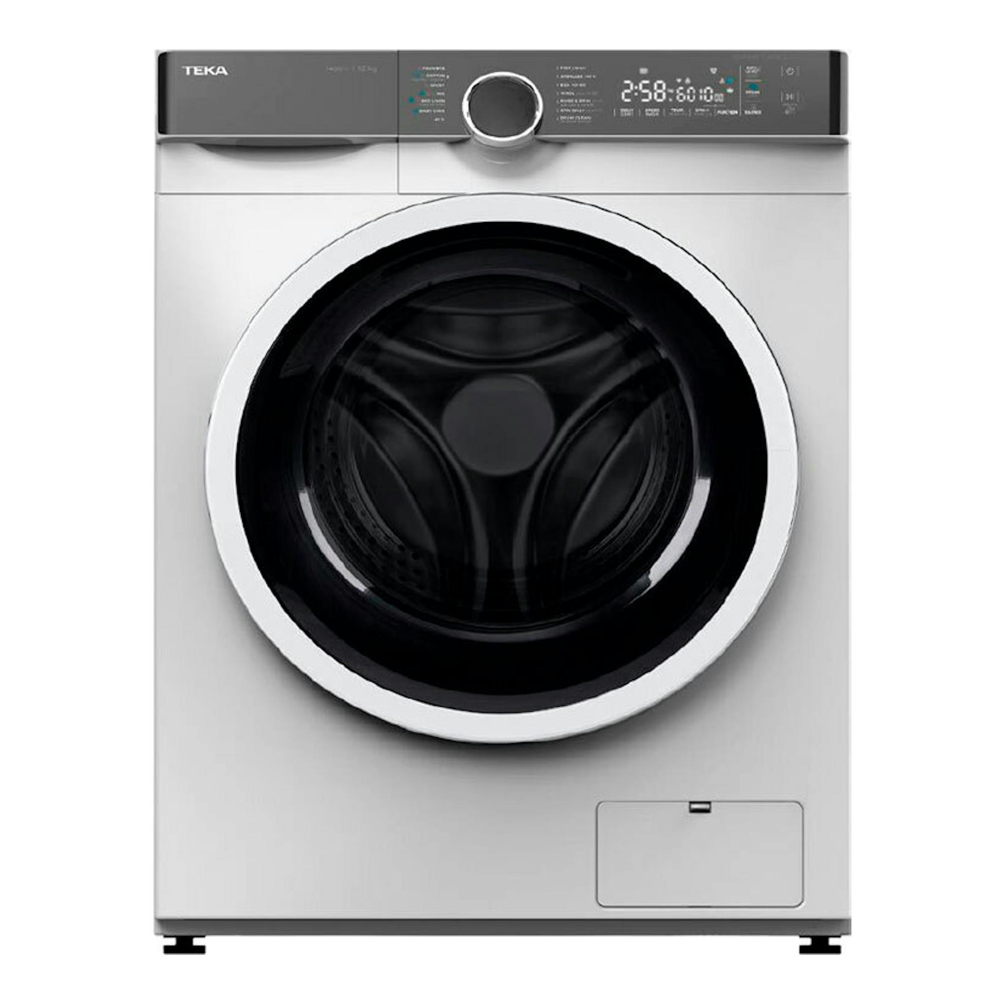 Lavadora frontal Teka WMK71240 12Kg, blanca, vista frontal, con puerta negra y panel digital superior.