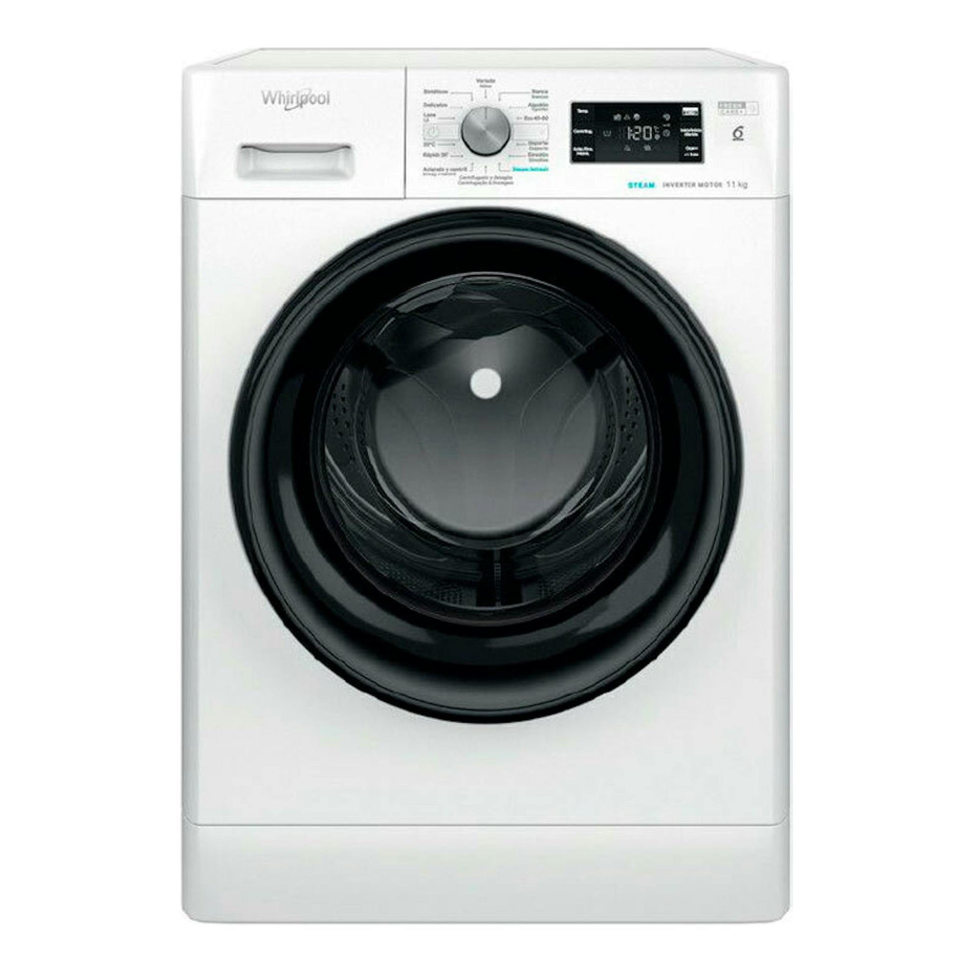 Lavadora Whirlpool FFB 11469 BV SPT blanca, vista frontal, con puerta negra y panel digital superior.
