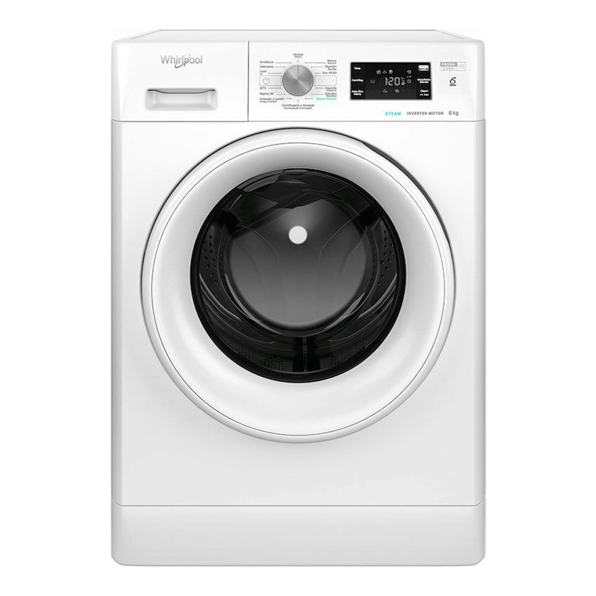 Lavadora frontal Whirlpool FFB 8258 WV SP blanca, vista frontal, con puerta circular negra y panel digital, 8 kg.