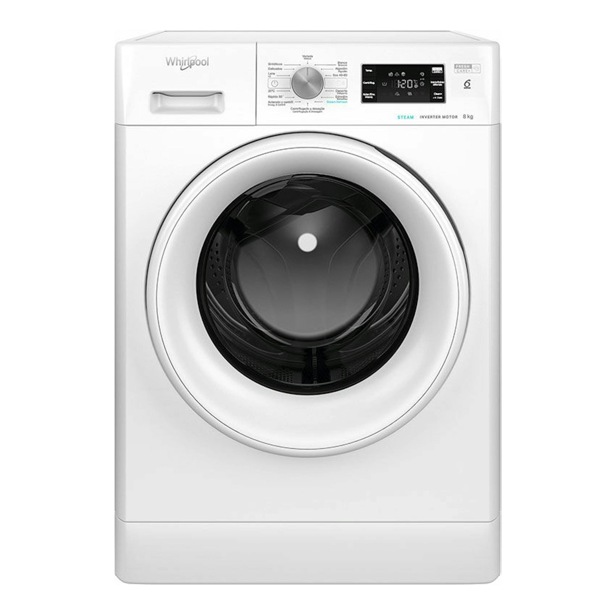 Lavadora frontal Whirlpool FFB 8258 WV SP blanca, vista frontal, con puerta circular negra y panel digital, 8 kg.