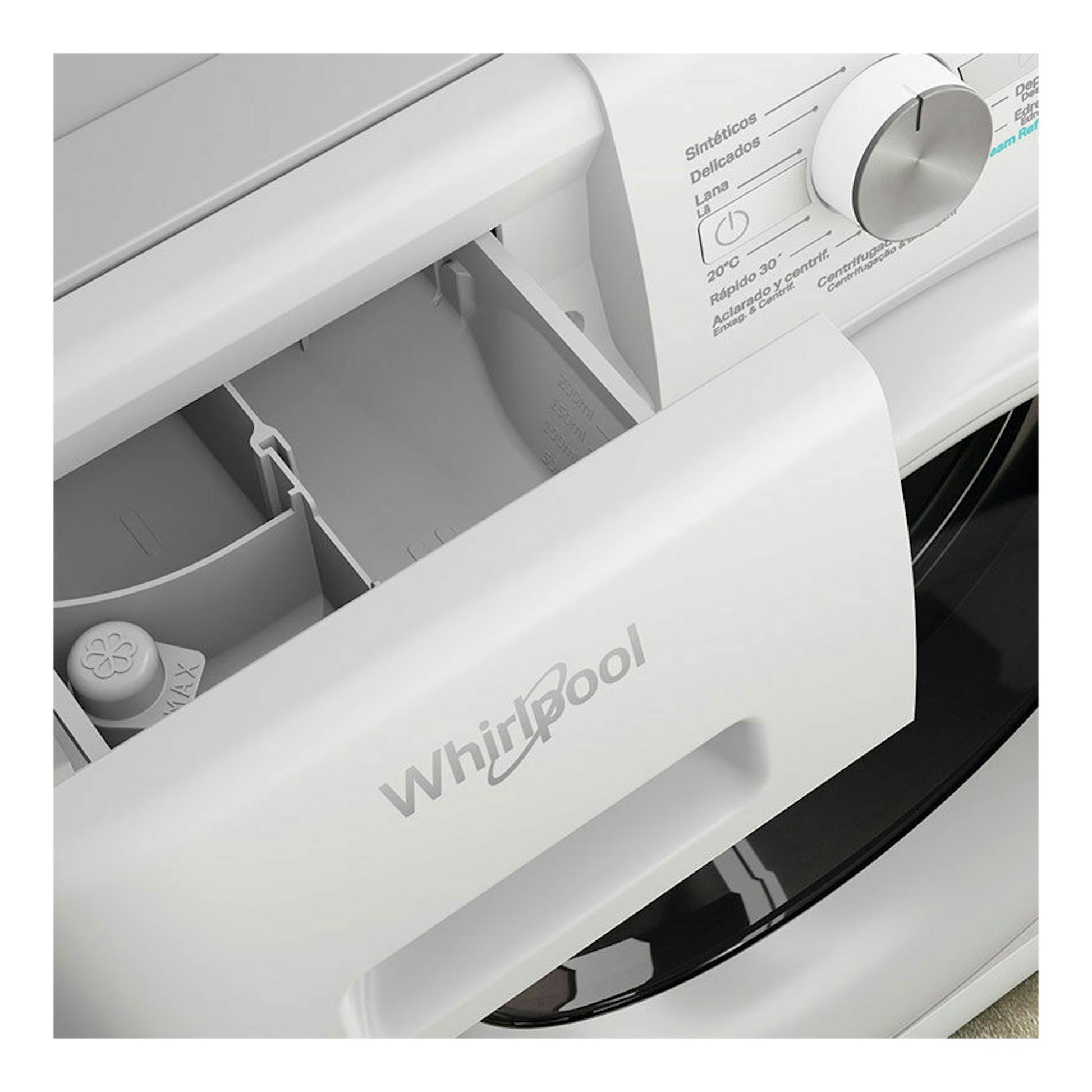 Lavadora Whirlpool FFB 8258 WV SP blanca, vista frontal en primer plano con cajón abierto y selector giratorio.