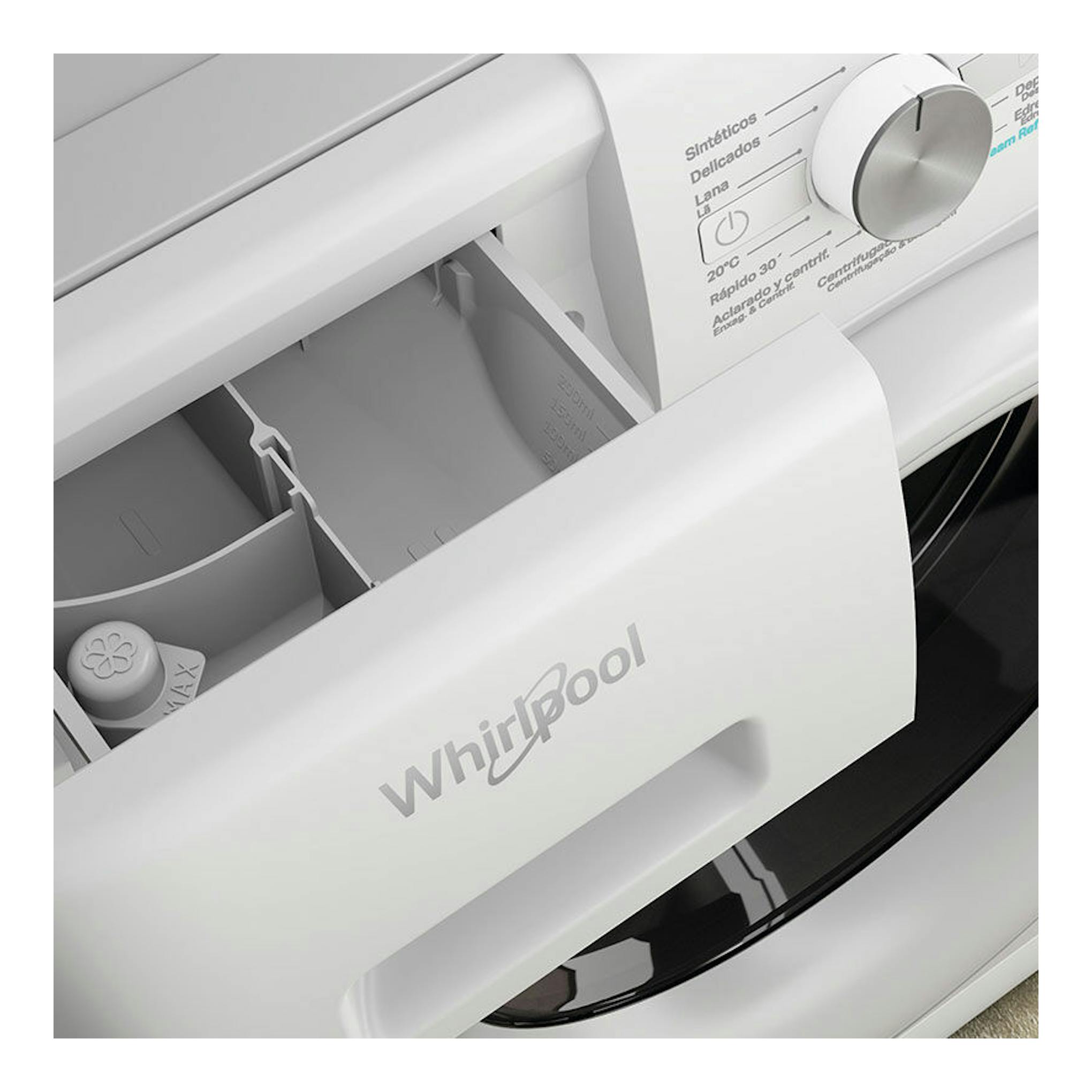Lavadora Whirlpool FFB 8258 WV SP blanca, vista frontal en primer plano con cajón abierto y selector giratorio.