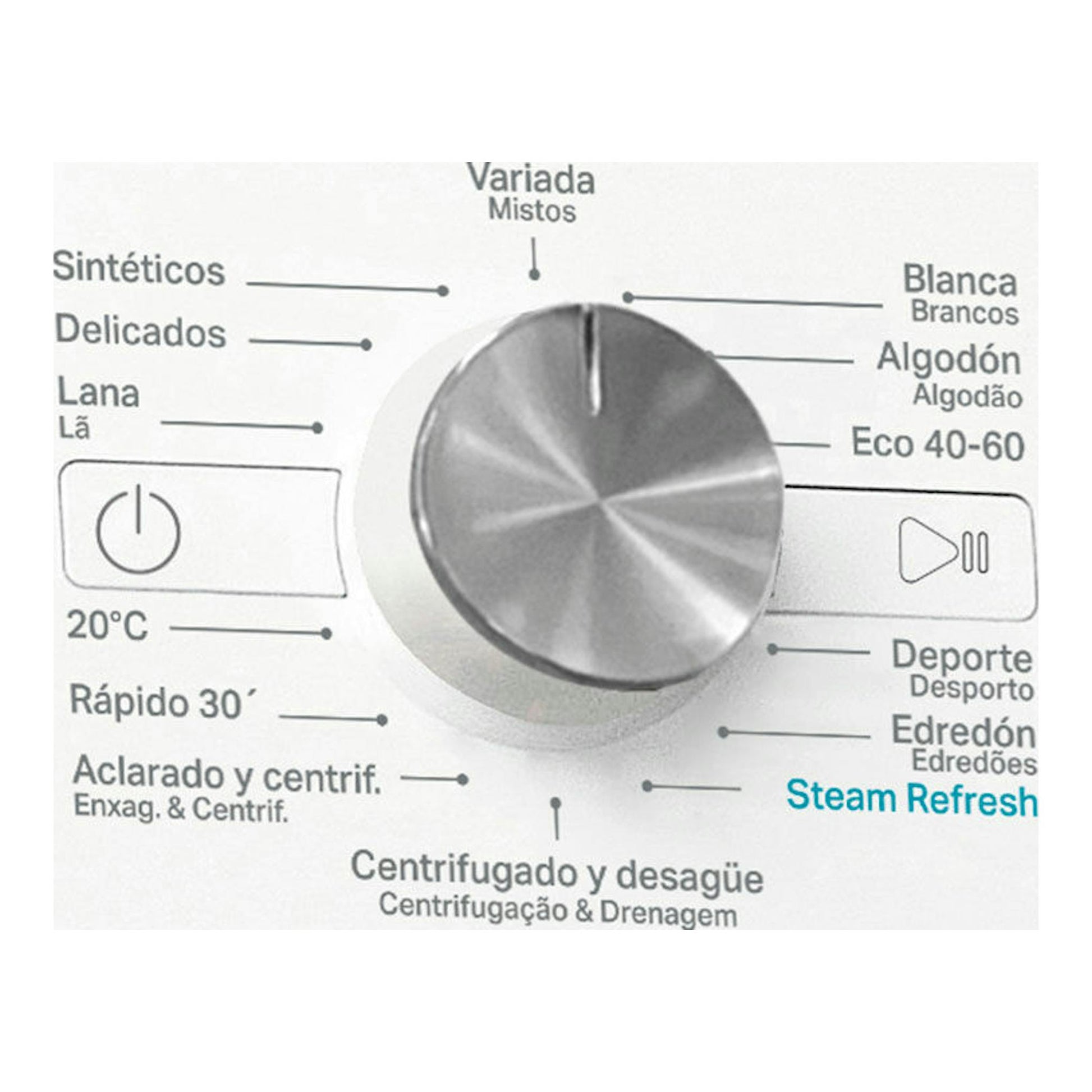 Panel frontal de lavadora Whirlpool FFB 8258 WV SP blanca, con selector central y programas impresos.