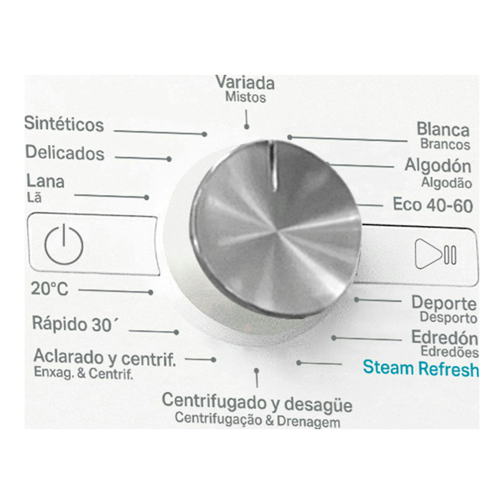 Panel frontal de lavadora Whirlpool FFB 8258 WV SP blanca, con selector central y programas impresos.