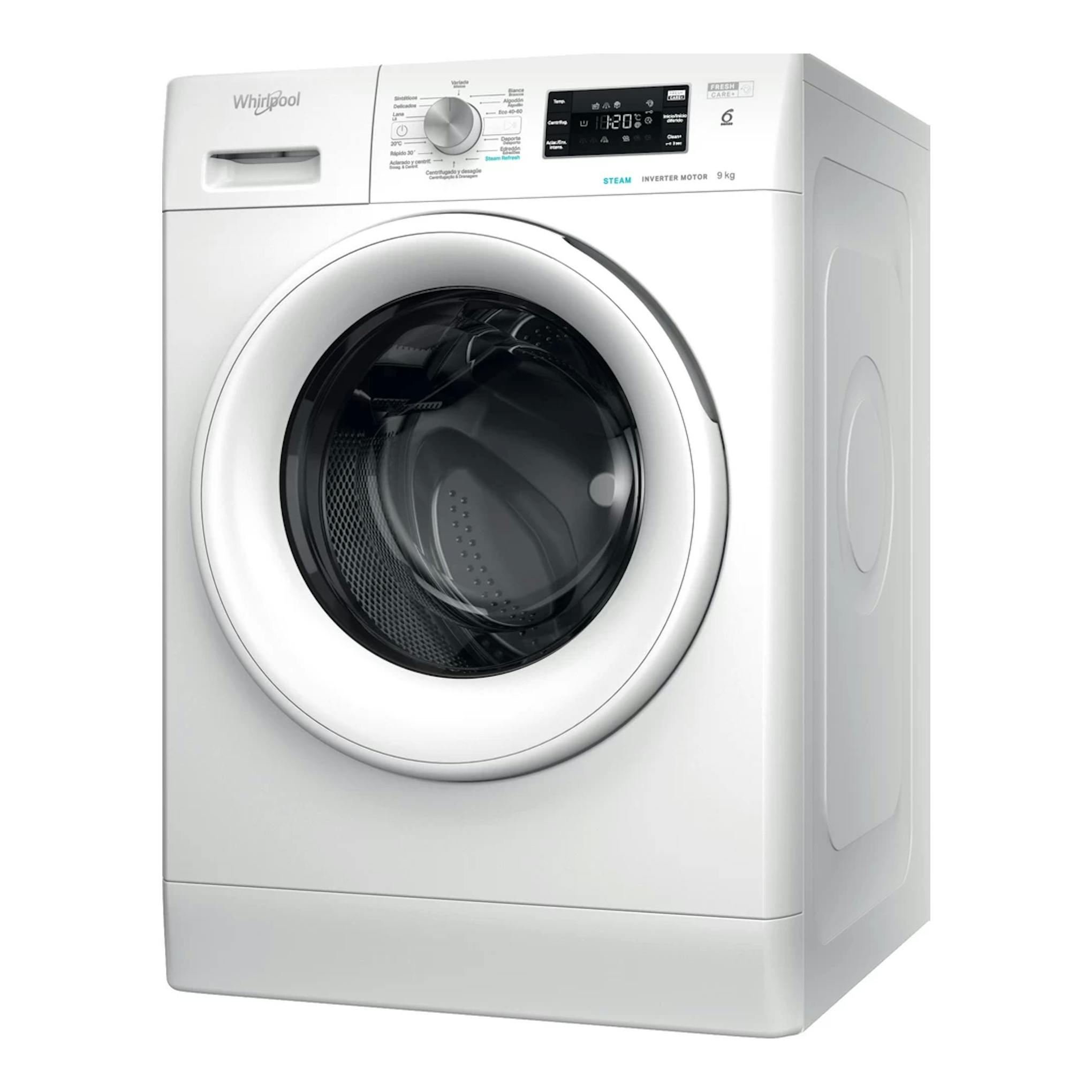 Lavadora frontal Whirlpool FFB 9469 WV SPT blanca, vista frontal en tres cuartos, con puerta circular y panel digital.