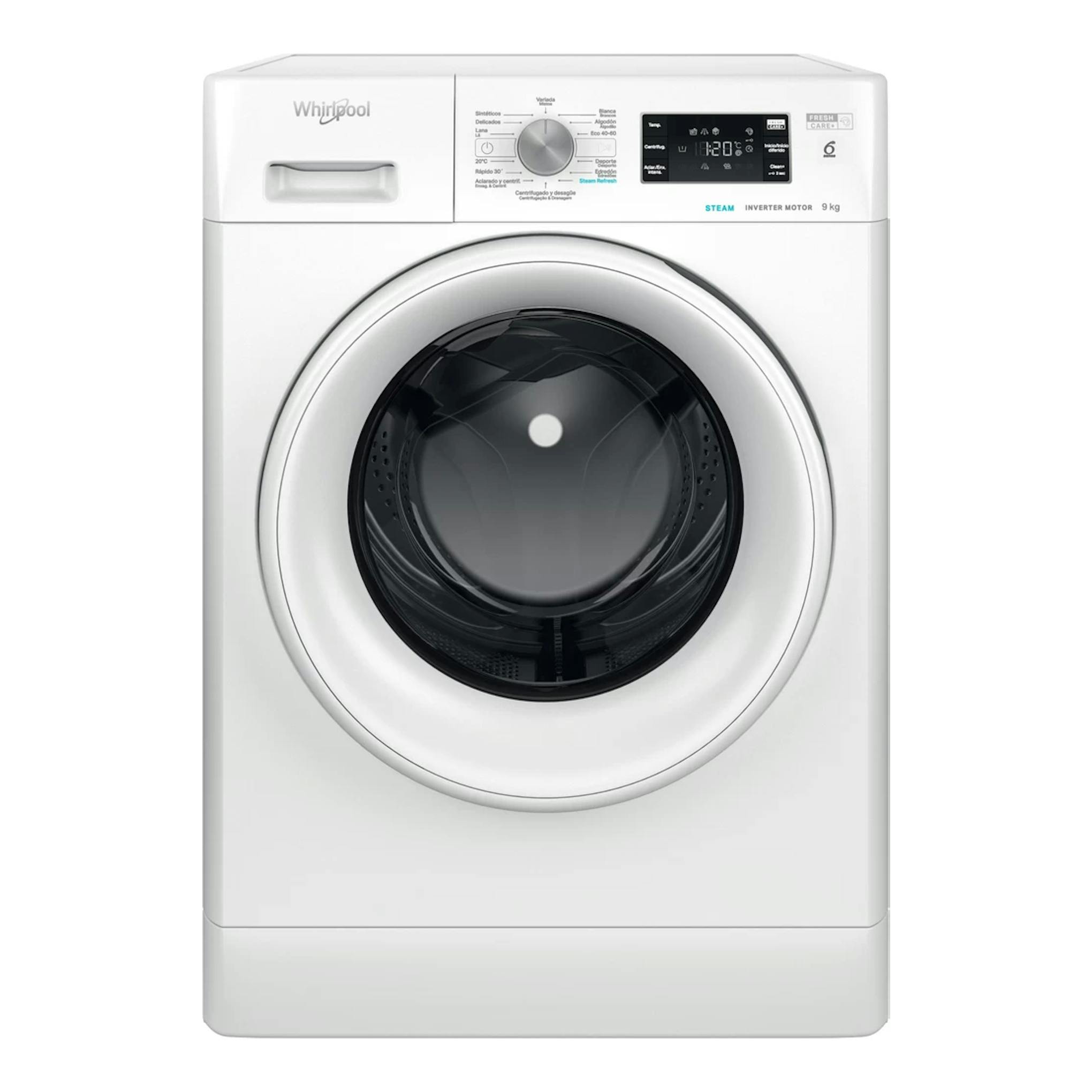 Lavadora frontal Whirlpool FFB 9469 WV SPT blanca, vista frontal, con puerta negra y panel digital superior.